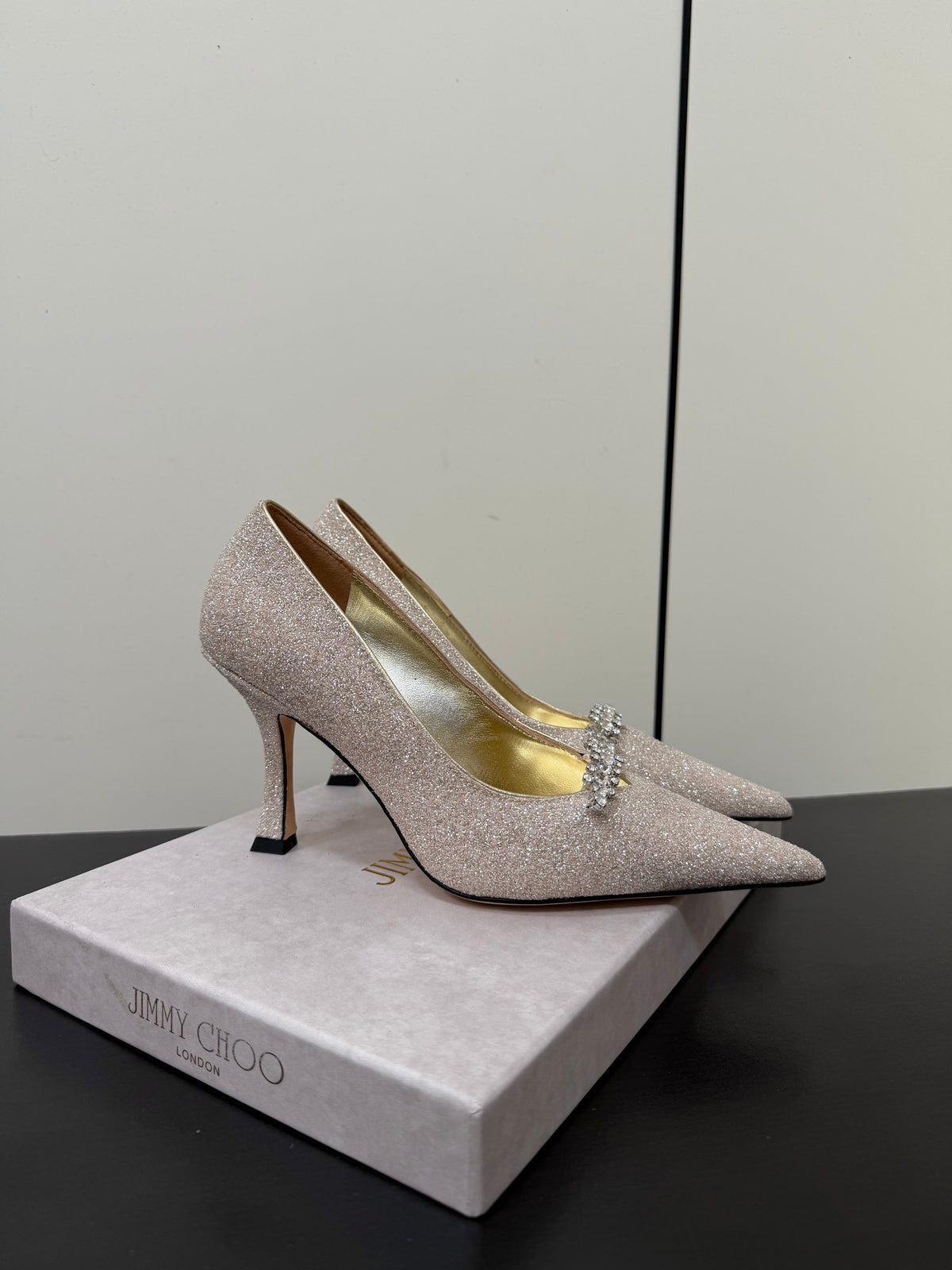 Jimmy Choo 26S Embellished High Heels 9.0cm Champagne Gold Glitter 842195