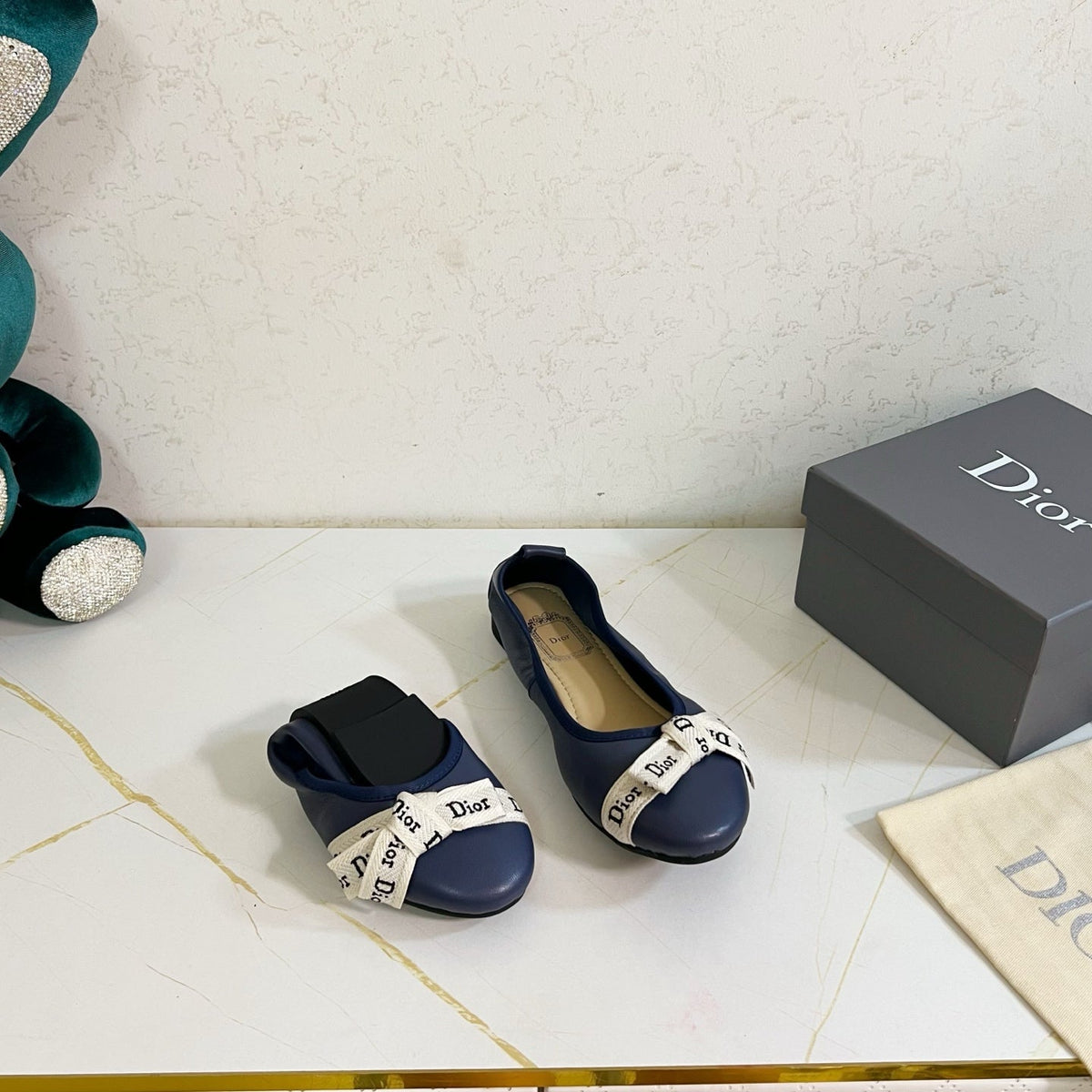 Dior 26s Bow Ballet Flats Navy Blue Calfskin