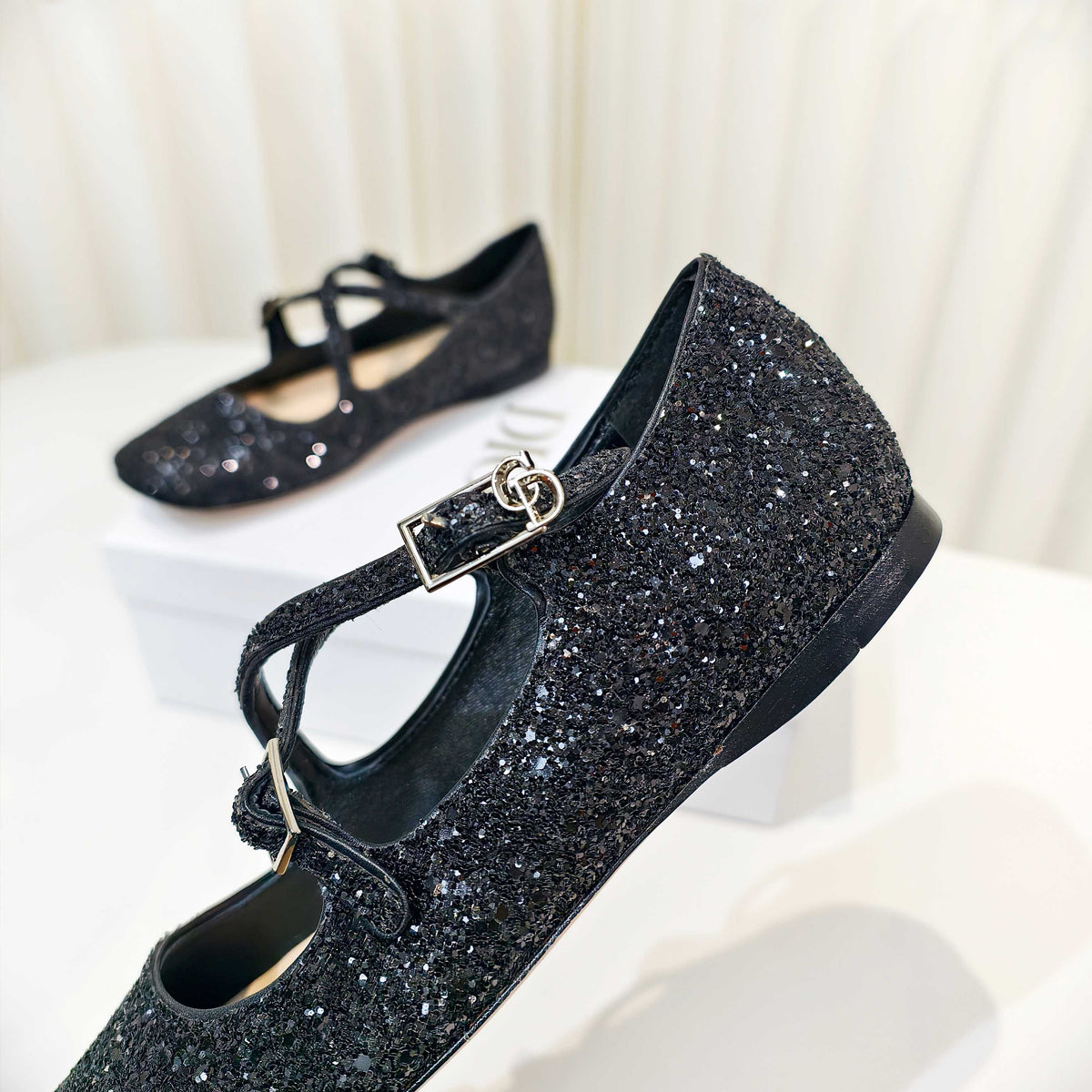 Dior 26s Mary Jane Flats Black Sequin Embroidered Fabric
