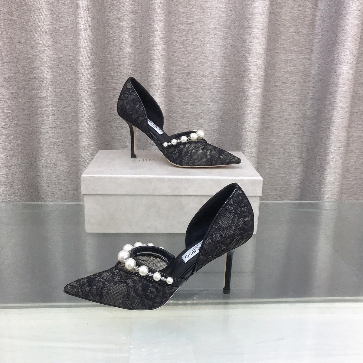 Jimmy Choo 26S High Heels 8.5cm Black Lace Pearl-Embellished 824195