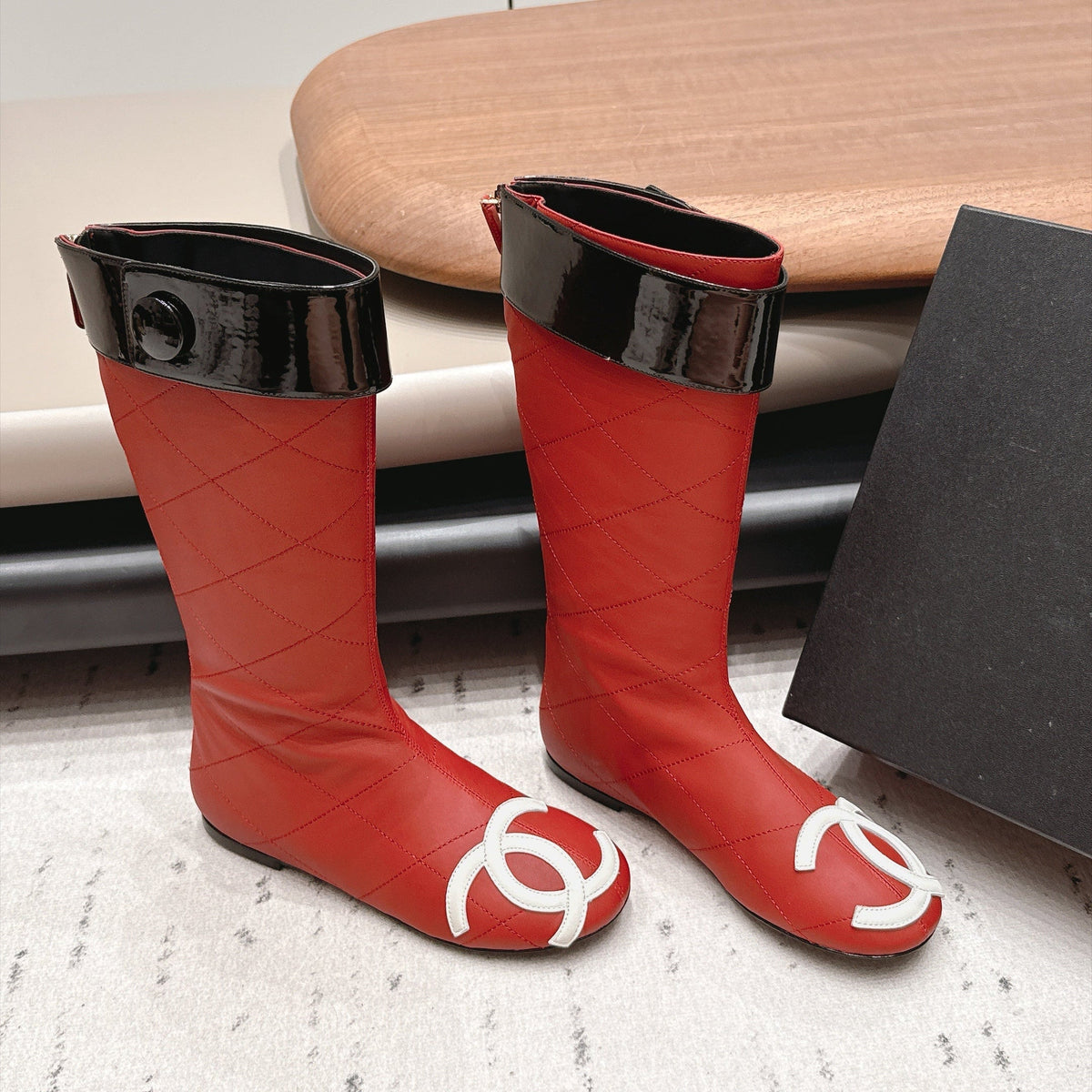 Chanel 26s Knee High Boots Red Quilted Calfskin Black Patent Cuff