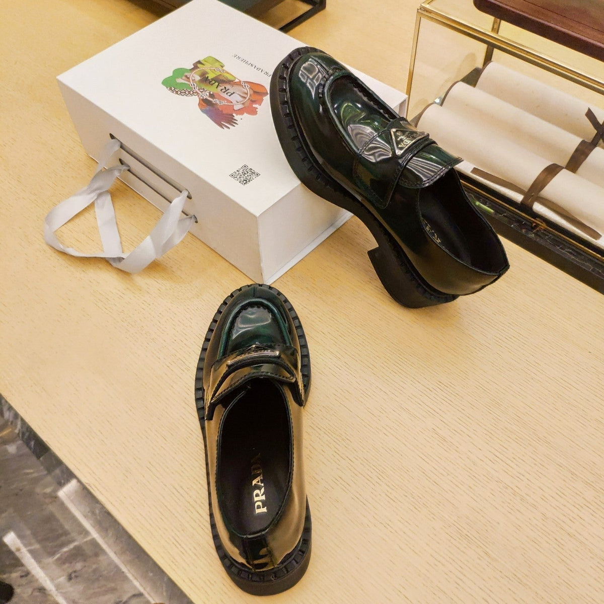 Prada 26S Penny Loafers 55mm Green Patent Calfskin