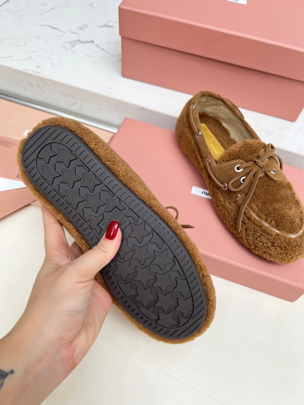 Miumiu 26s Boat Loafers Brown Shearling