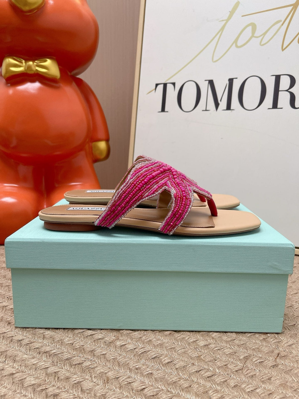 Aquazzura 26s Starfish Beaded Thong Sandals Pink And Beige Lambskin 482017