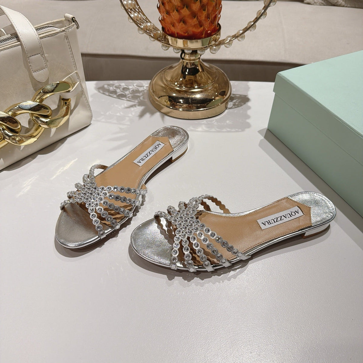 Aquazzura 26s Slides Silver Lambskin Crystal Embellished 820493
