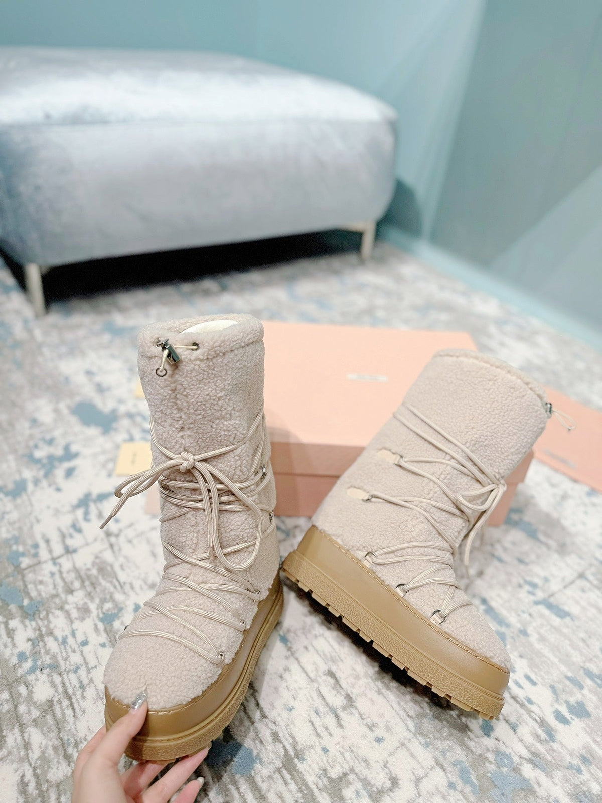 Miumiu 26s Ankle Snow Boots Beige Wool Style 15