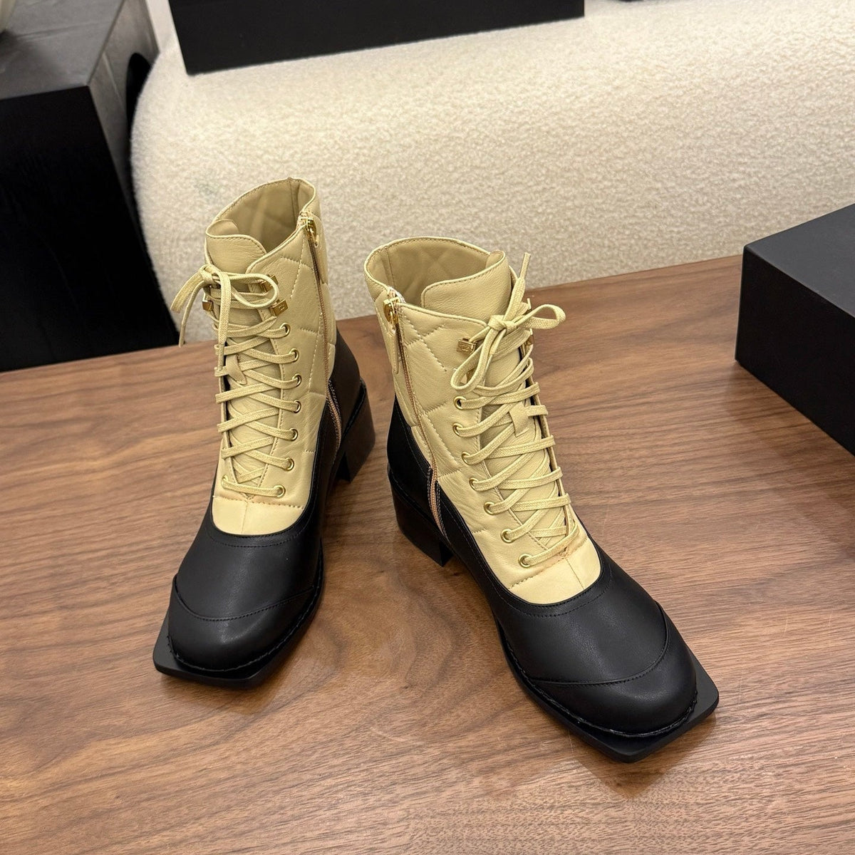 Chanel 26s Lace Up High Top Boots 4.5 Cm Black Beige Calfskin