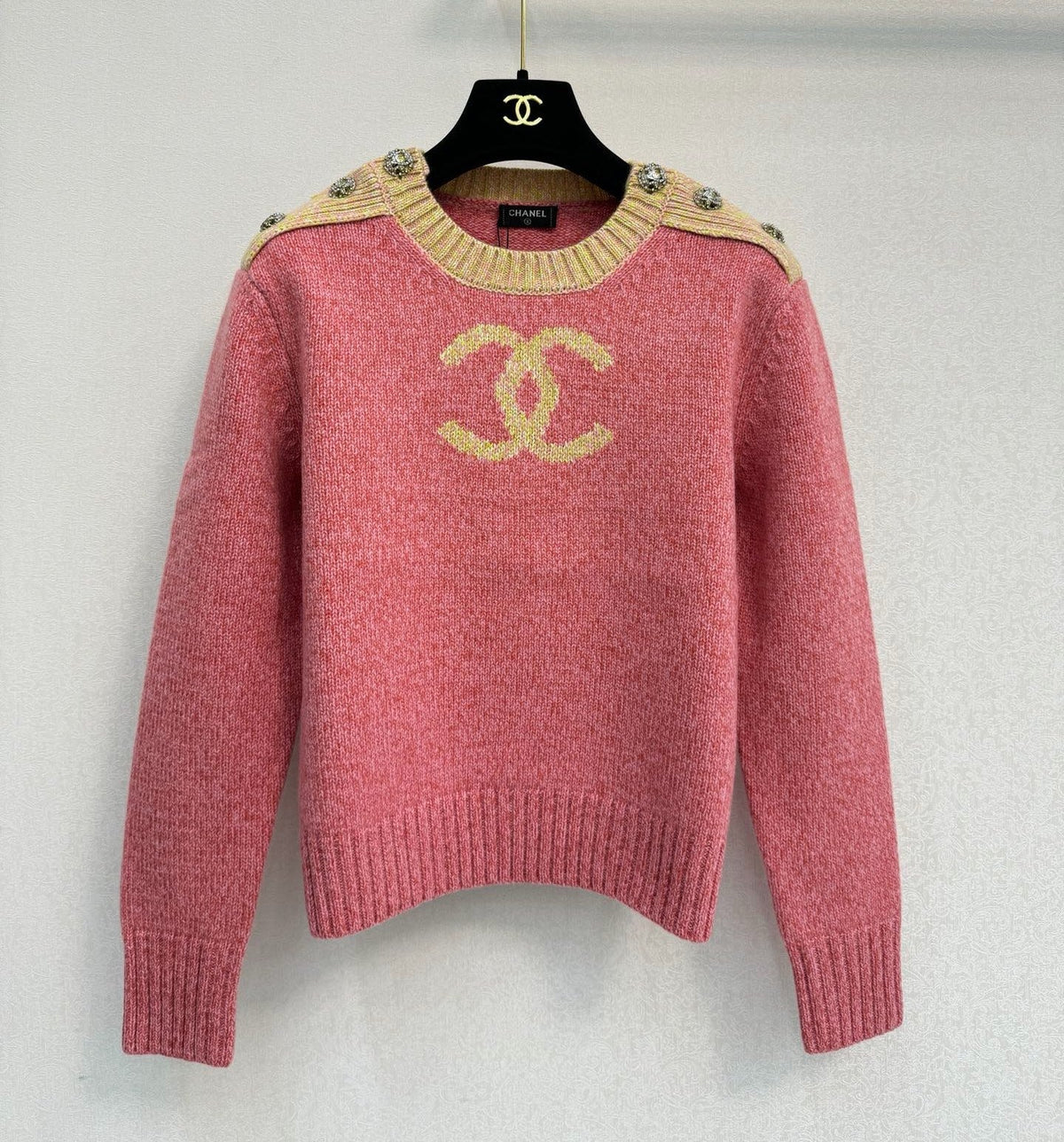 CC 26S Sweater Gold Logo Crystal Buttons Pink Wool 436269