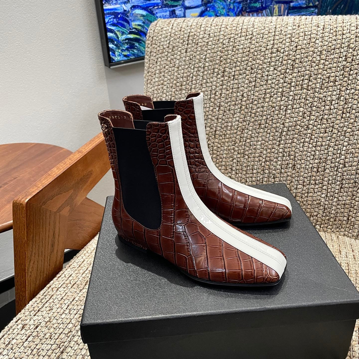 Chanel 26s Ankle Boots Brown Crocodile Embossed Calfskin White Trim