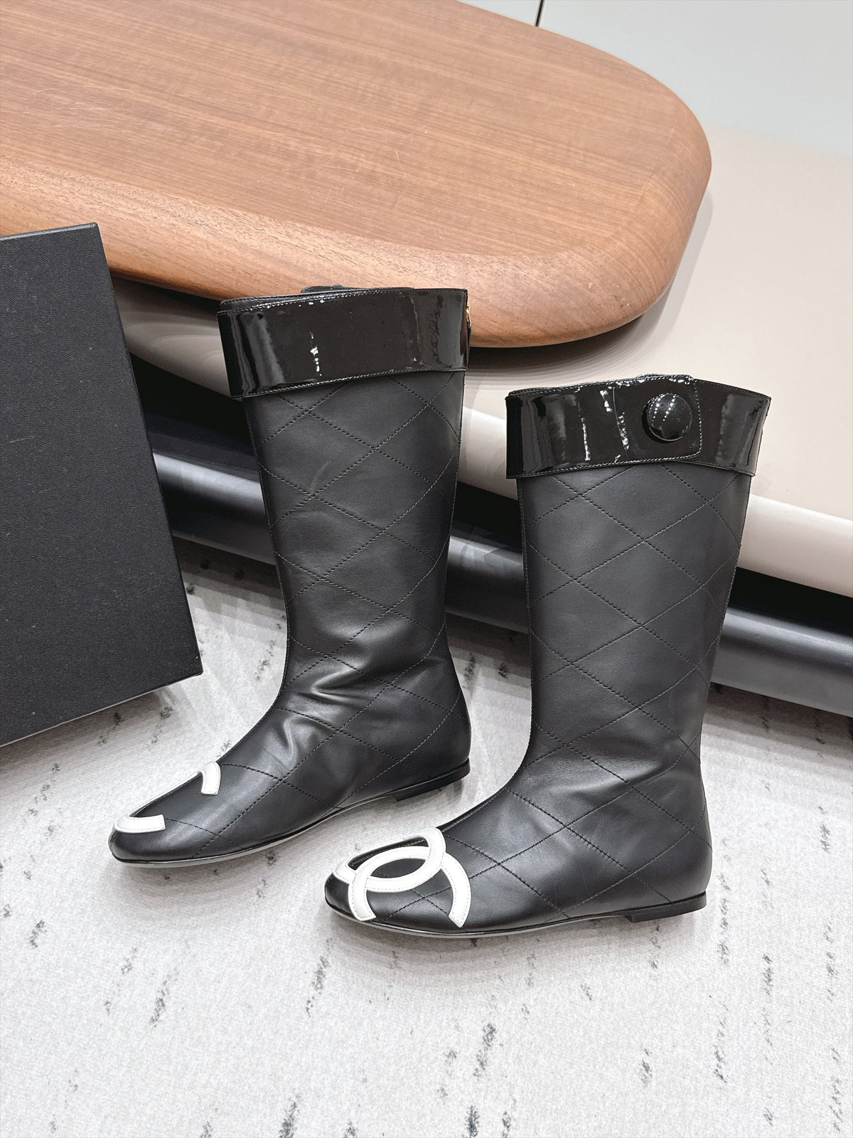 Chanel 26s Knee High Boots Black Quilted Calfskin Patent Cuff