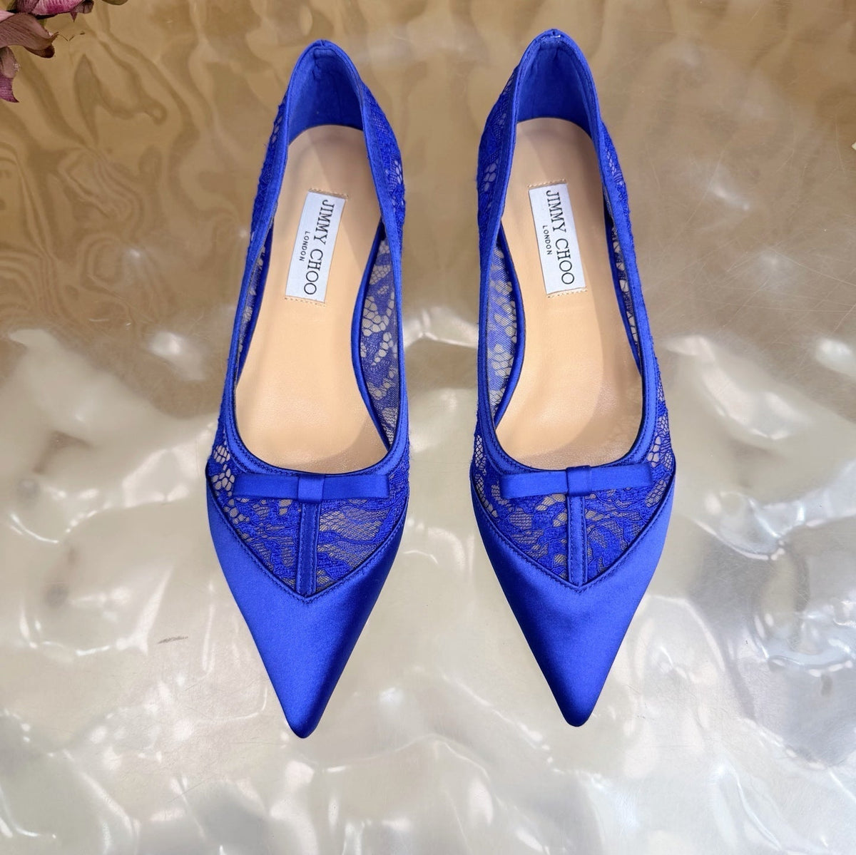 Jimmy Choo 26S Flats Dark Blue Lace And Satin 735219
