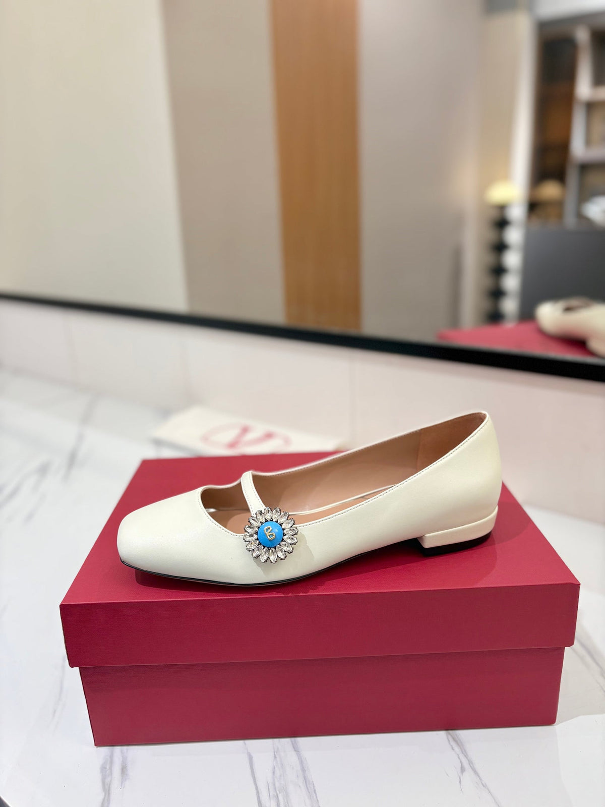 VLTN 26s Mary Jane Flats In White Calfskin With Crystal Flower
