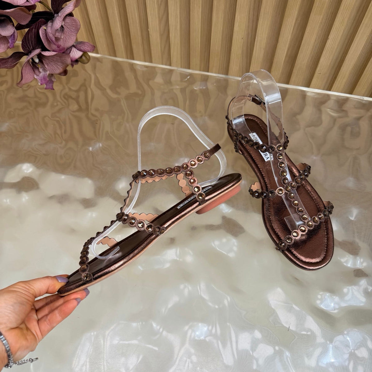 Aquazzura 26s Flat Sandals Dark Bronze Calfskin Crystal Embellished 501837