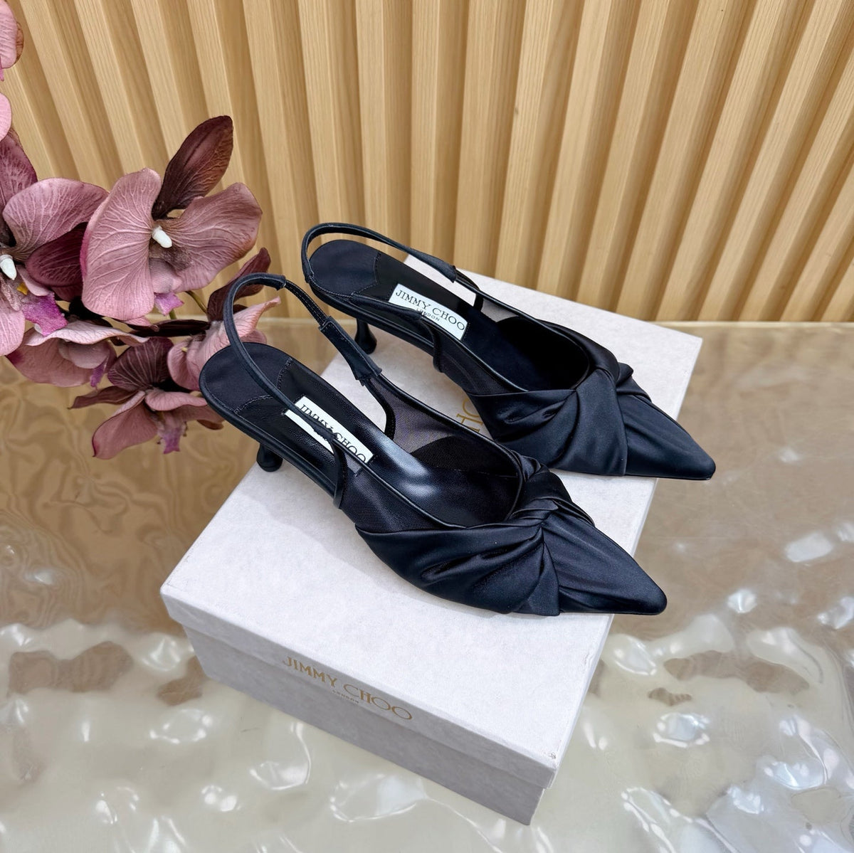 Jimmy Choo 26S Slingback Heels 6.0cm Black Satin With Knot Detail 529148