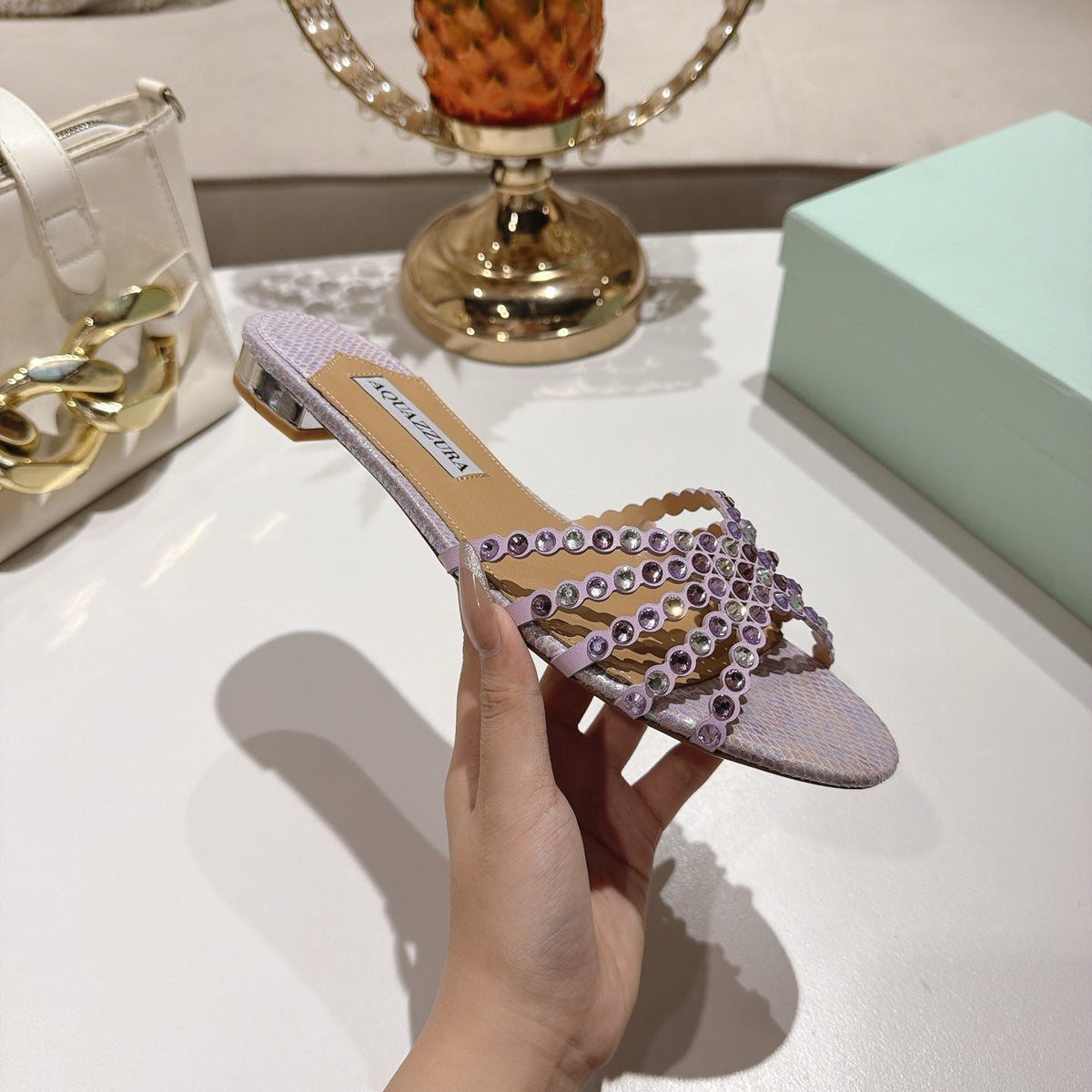 Aquazzura 26s Slides Light Purple Snakeskin Crystal Embellished 749301