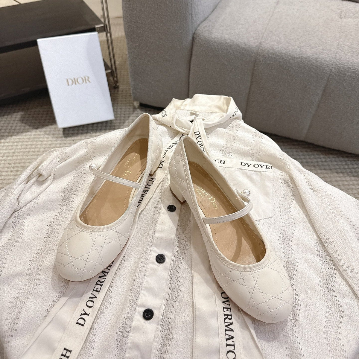 Dior 26s Mary Jane Pumps Cream White Lambskin Pearl-Adorned Strap