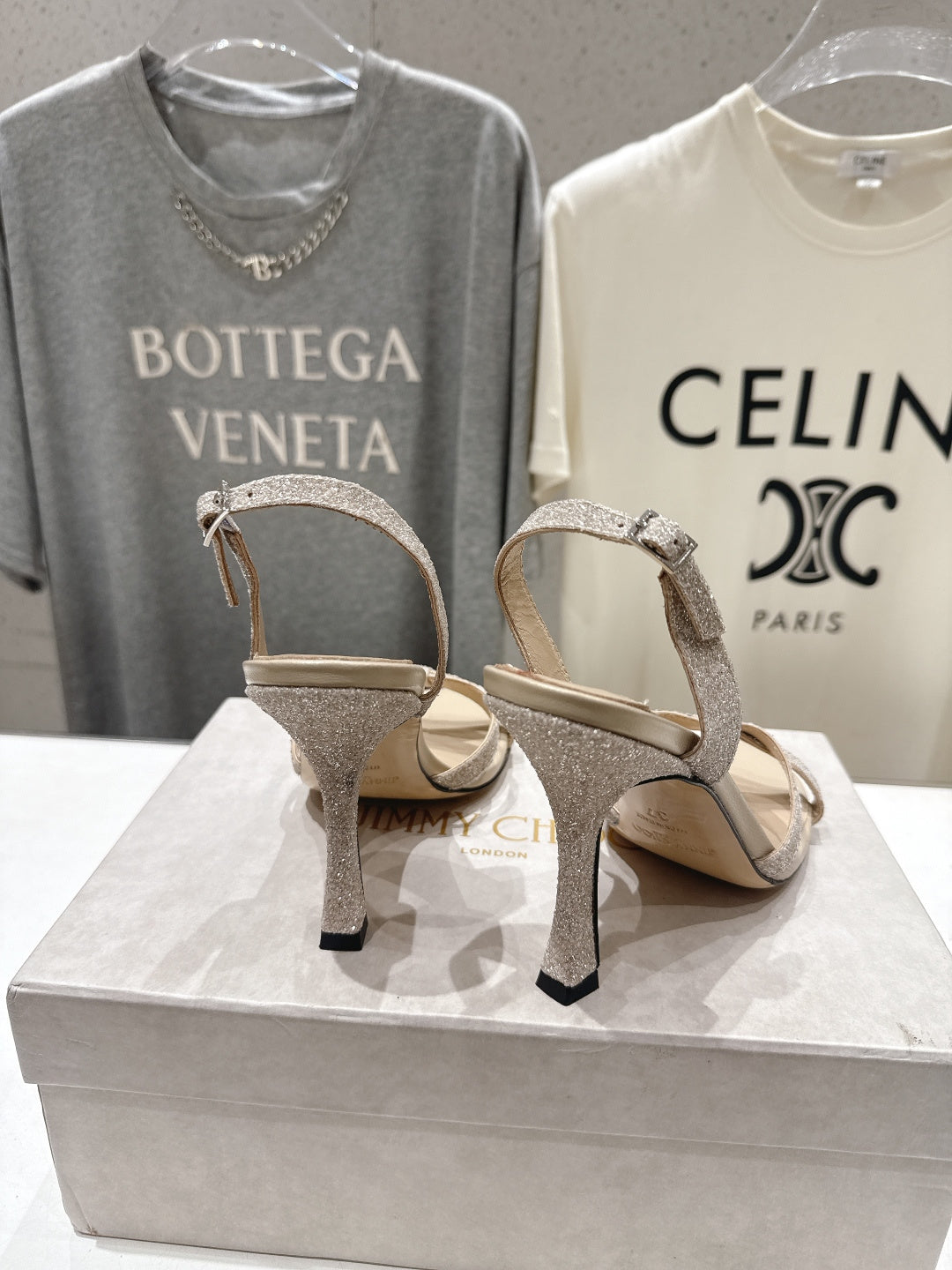 Jimmy Choo 26S High-Heeled Sandals 10.0cm Light Beige Glitter Fabric 618439