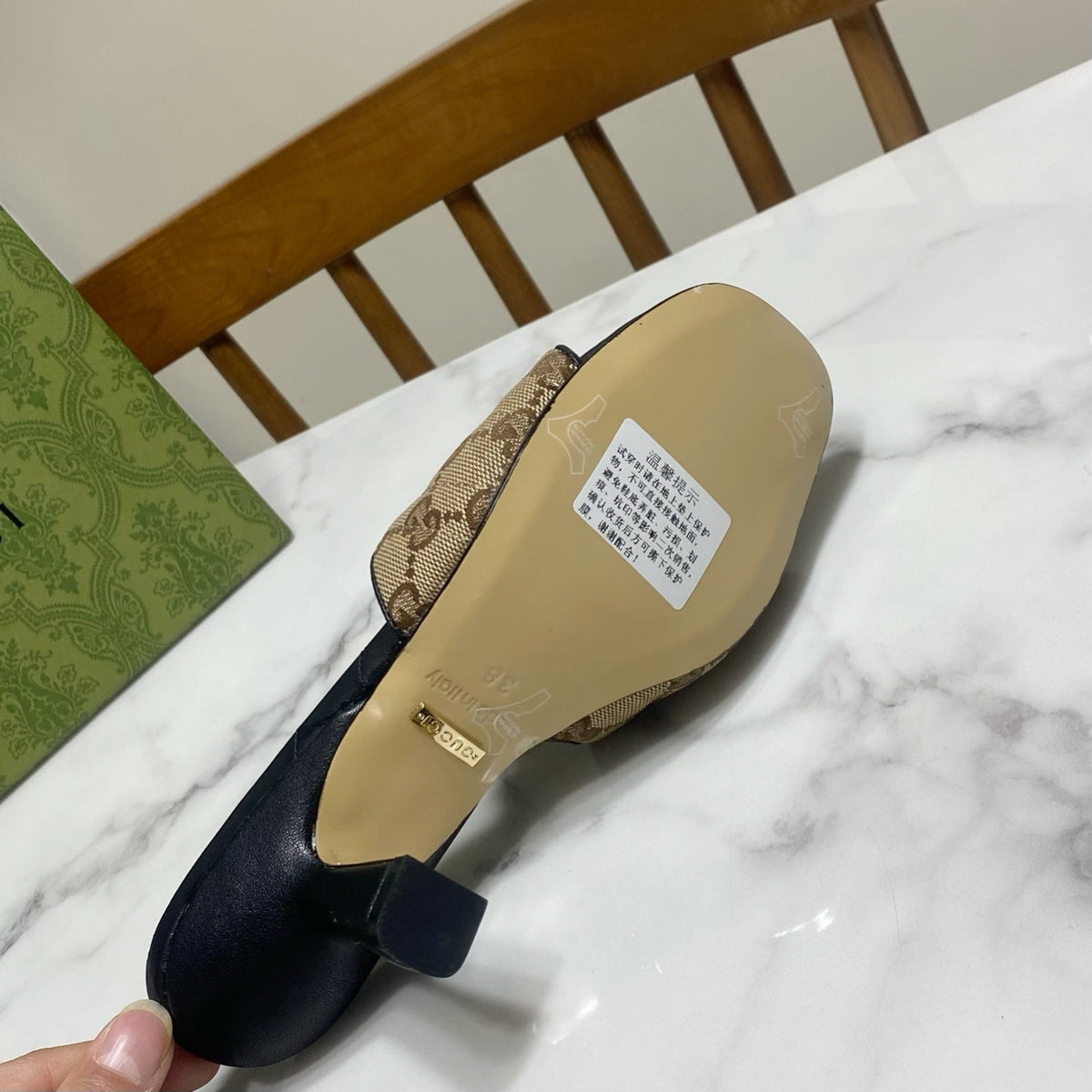 Gucci 26s Heeled Slides 7.5cm Sand Brown Canvas And Black Lambskin
