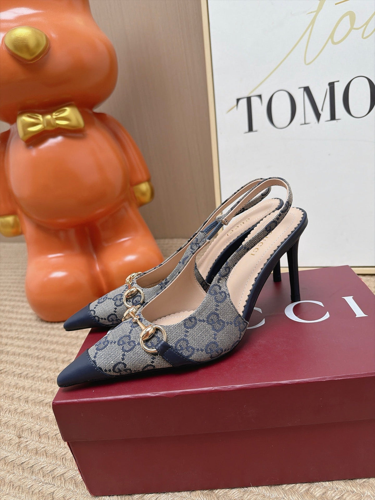 Gucci 26s Slingback Heels 10.5cm Grey Canvas Mix Navy Blue Lambskin