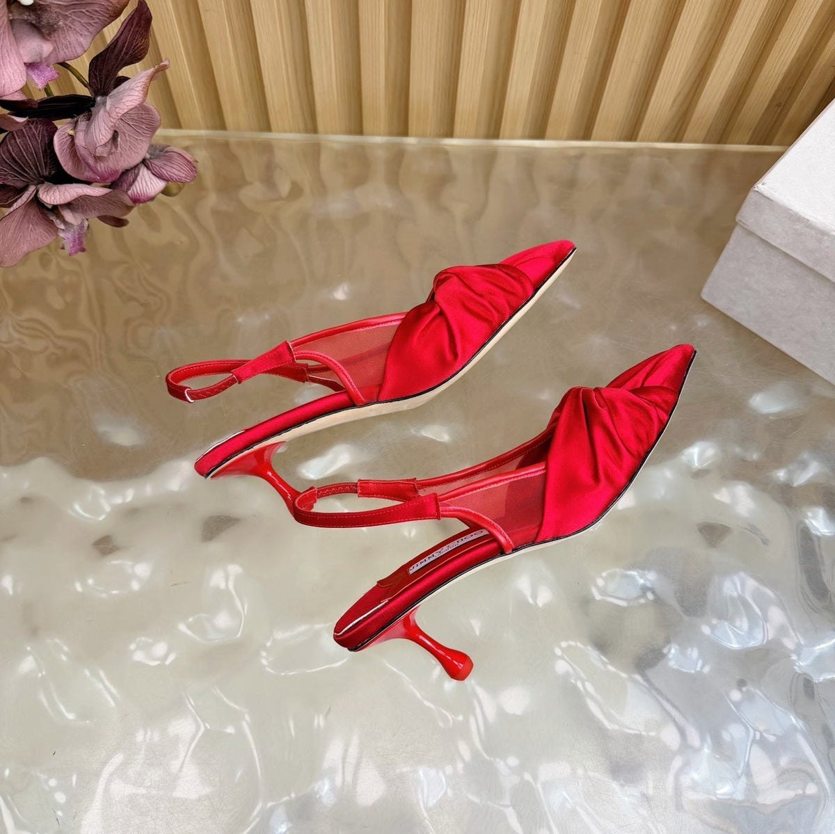 Jimmy Choo 26S Slingback Heels 6.0cm Red Satin With Knot Detail 491375