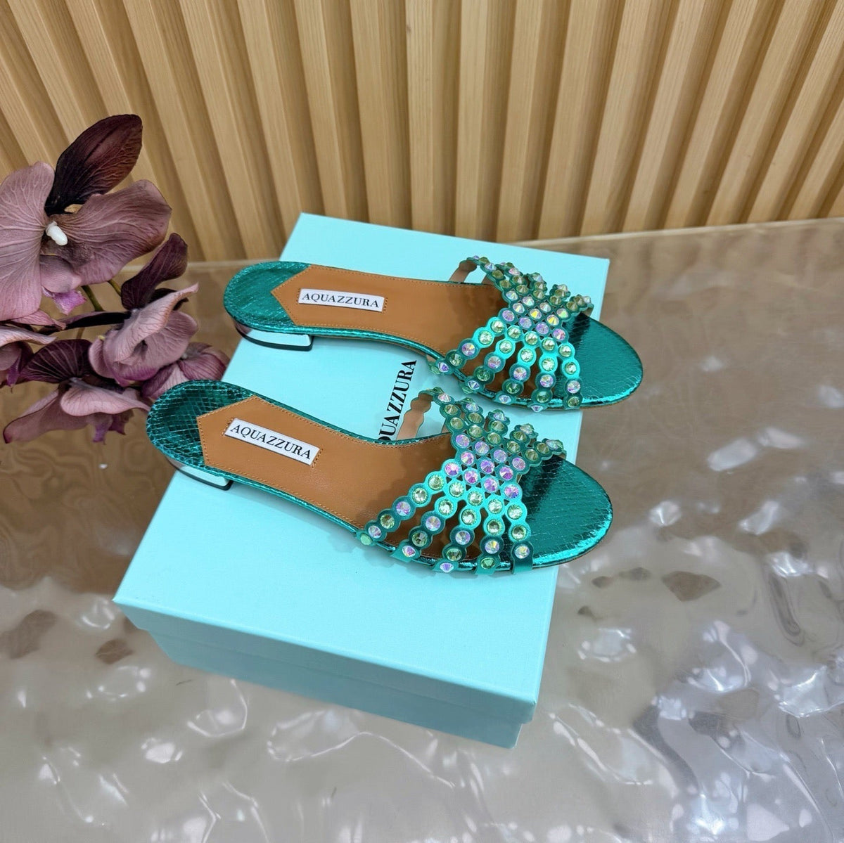 Aquazzura 26s Slides Emerald Green Snakeskin Embossed Leather 592814