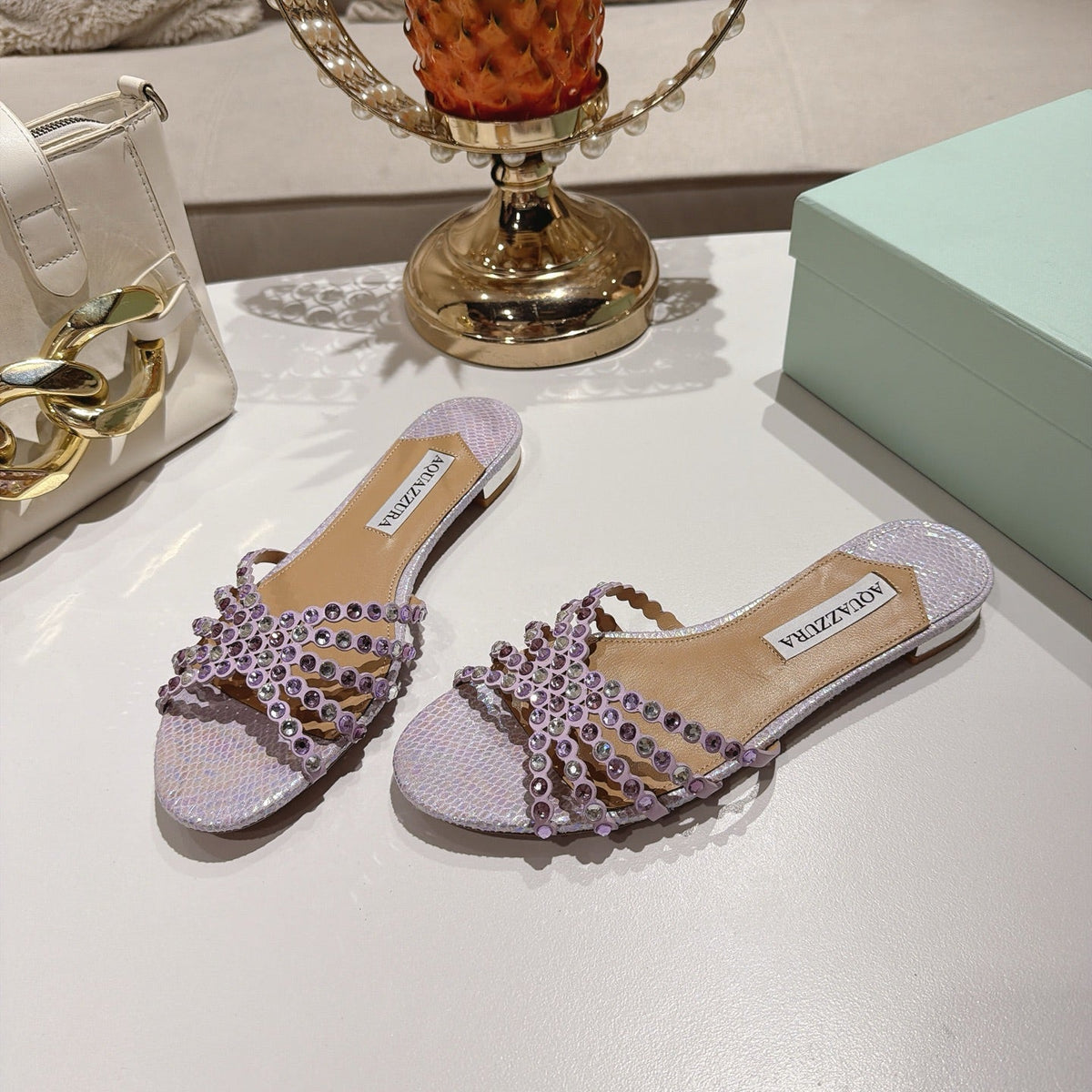 Aquazzura 26s Slides Light Purple Snakeskin Crystal Embellished 749301