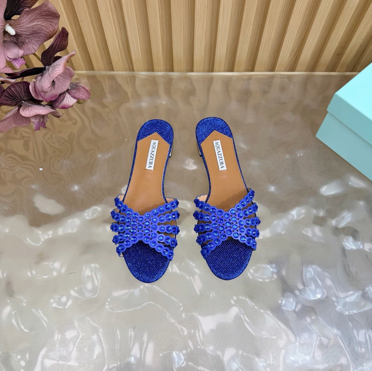 Aquazzura 26s Slides Navy Blue Lurex Fabric 614932