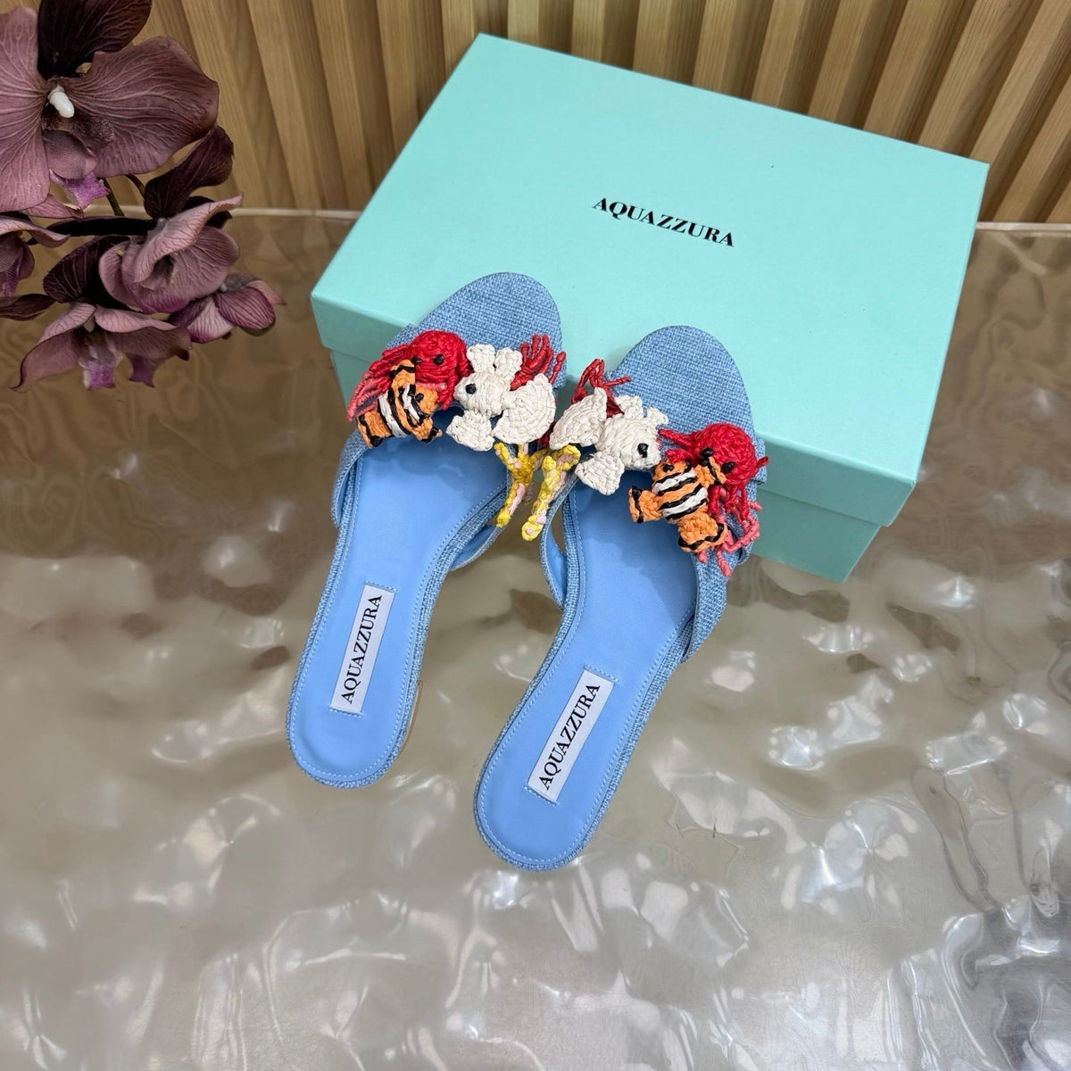 Aquazzura 26s Sandals Sky Blue Canvas With Crochet Appliques 395817