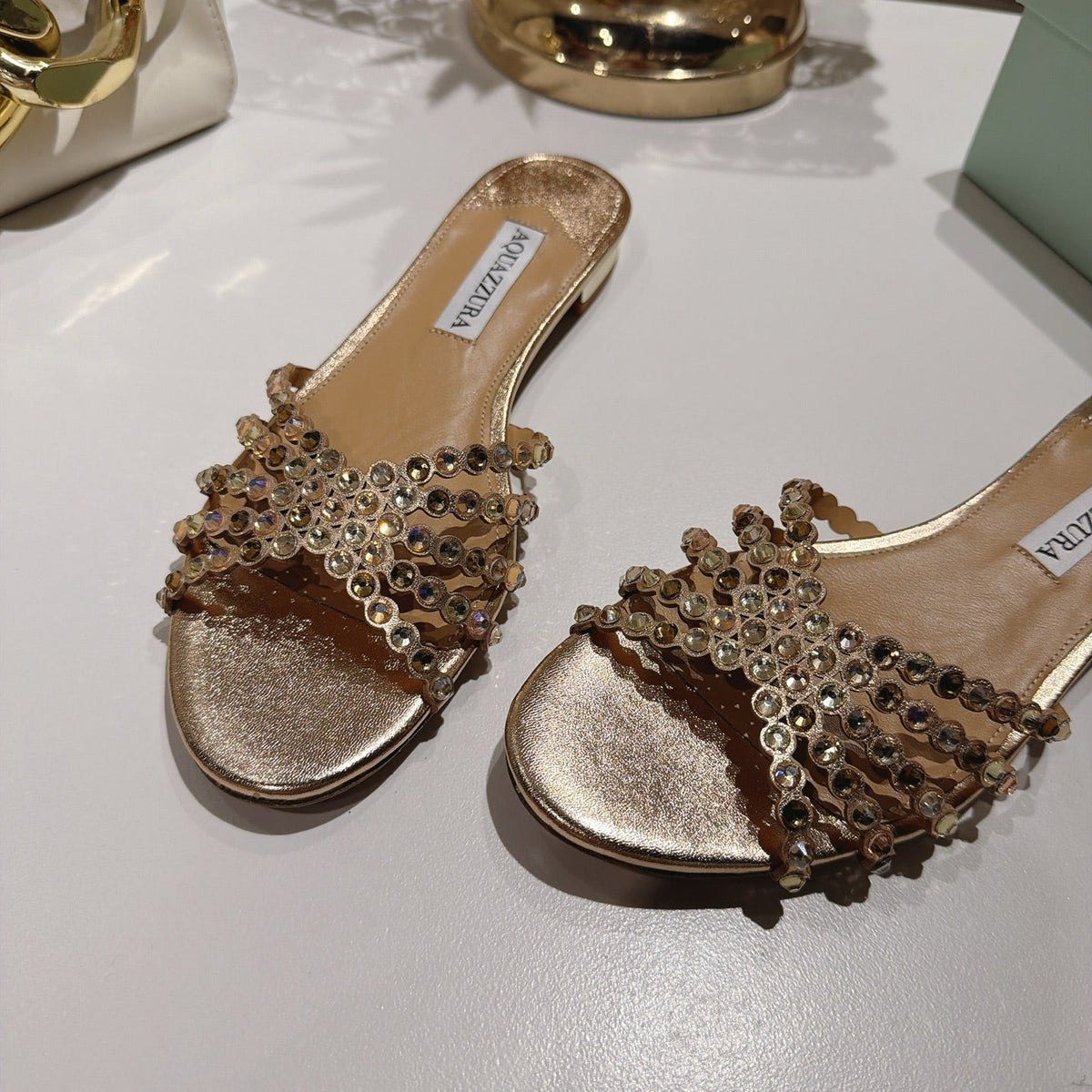 Aquazzura 26s Slides Light Gold Lambskin Crystal Embellished 501934