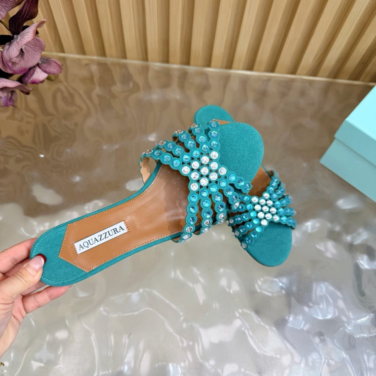 Aquazzura 26s Slides Emerald Green Suede Crystal-Embellished Straps 629154