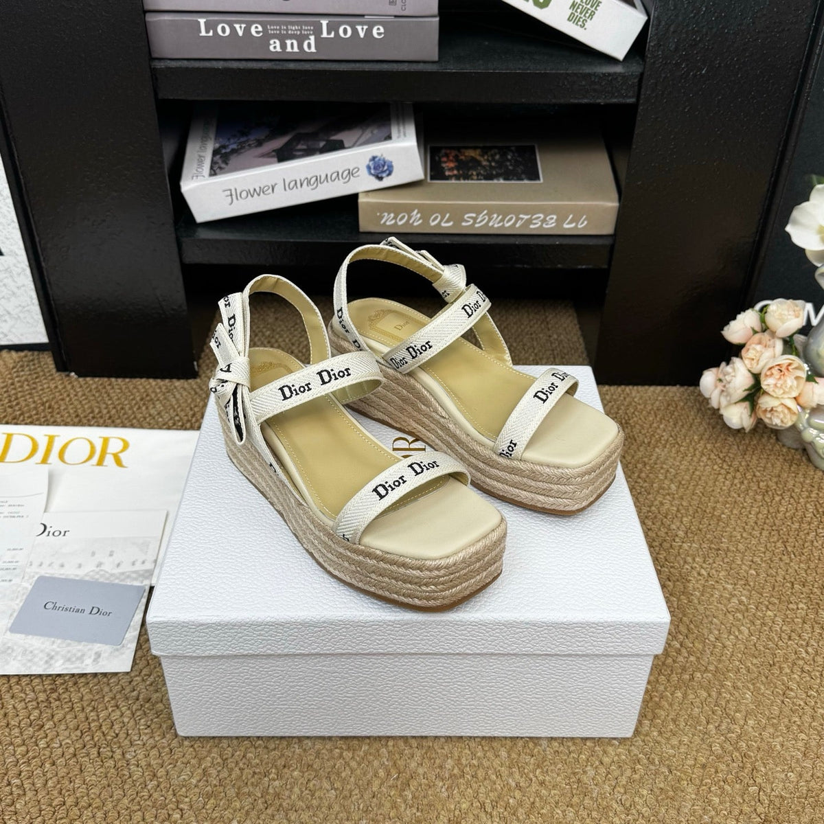 Dior 26s Espadrille Wedge Sandal Beige Canvas Calfskin