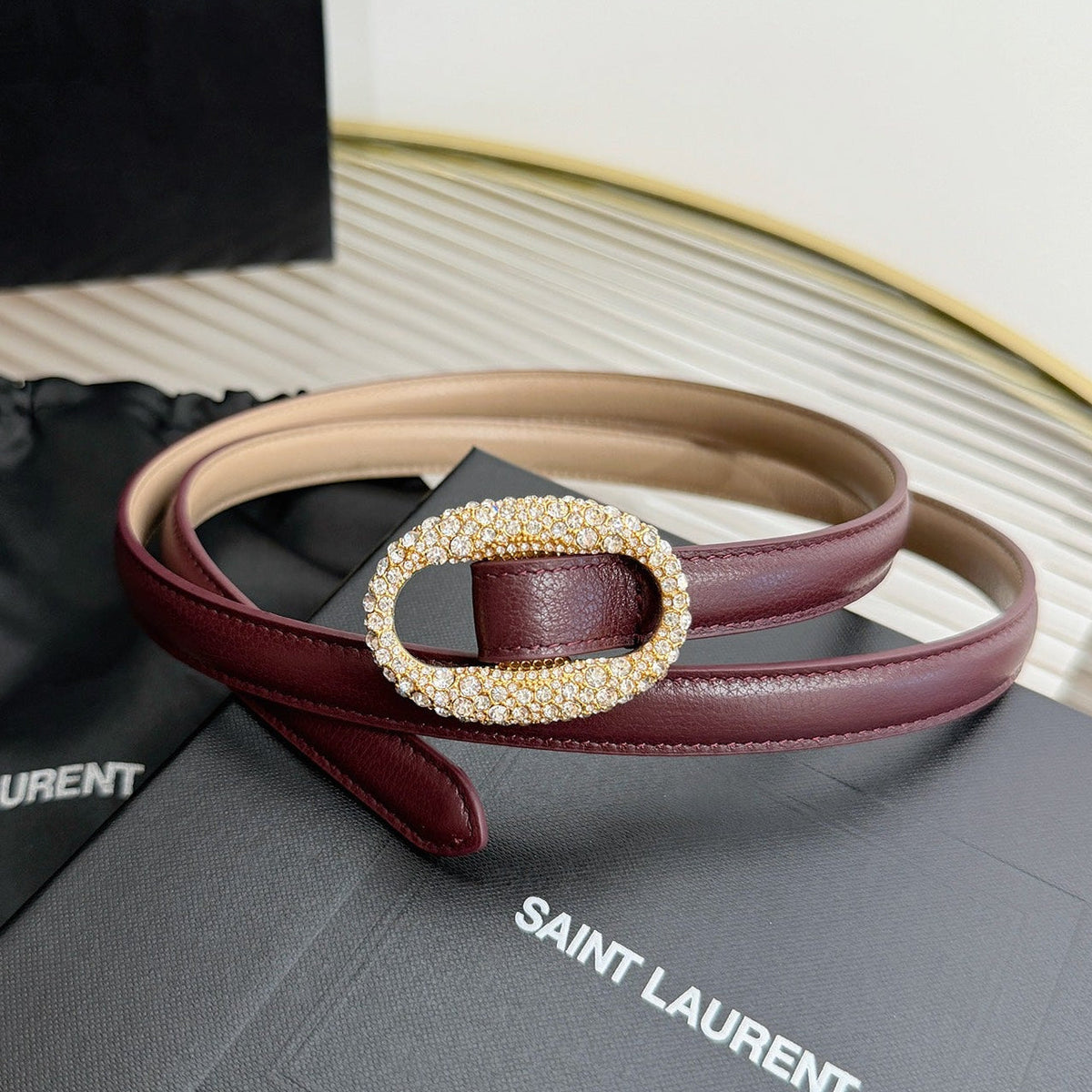 Saint Laurent 2026 Oval Belt 15mm Burgundy Leather 219084