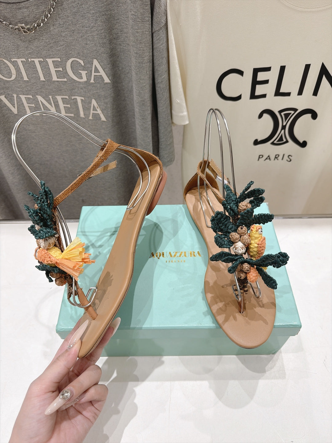 Aquazzura 26s Floral Applique Thong Sandals Brown Calfskin 618402