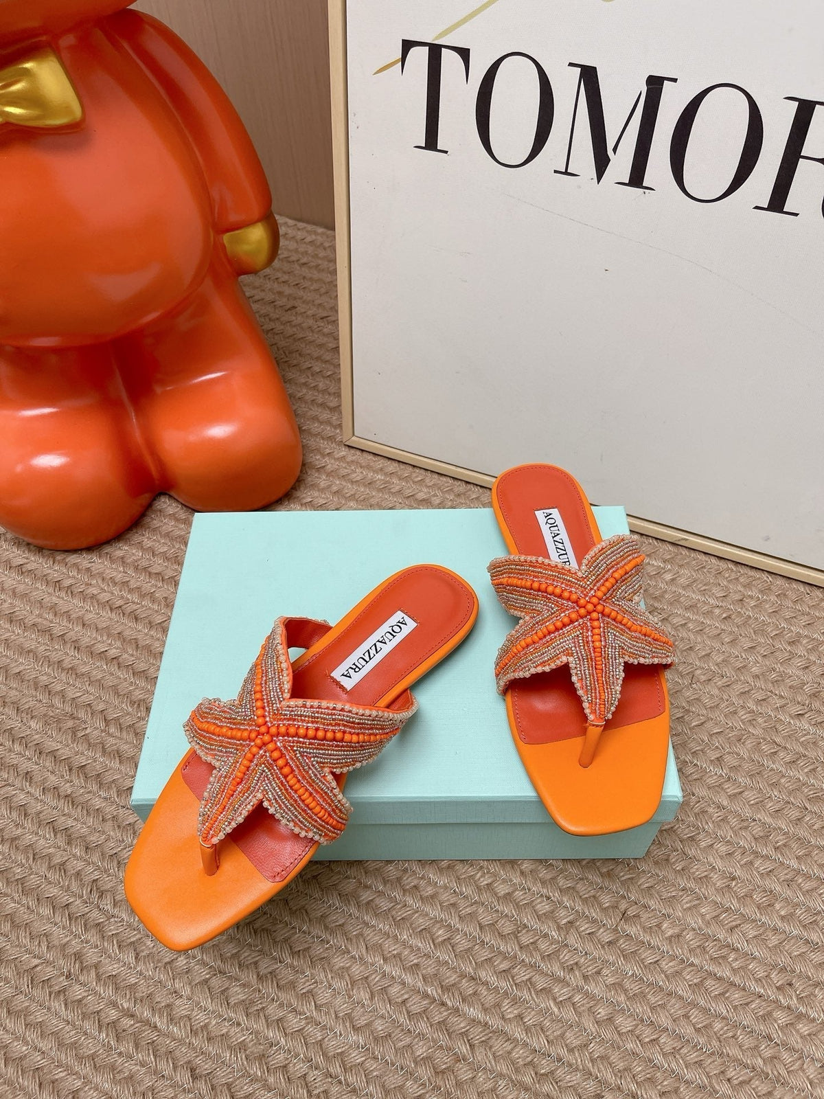 Aquazzura 26s Starfish Beaded Thong Sandals Orange Lambskin 502934