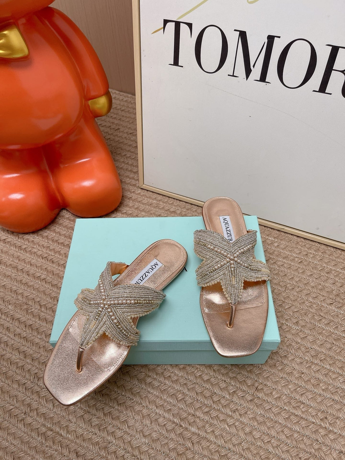Aquazzura 26s Starfish Beaded Thong Sandals Rose Gold Lambskin 682415