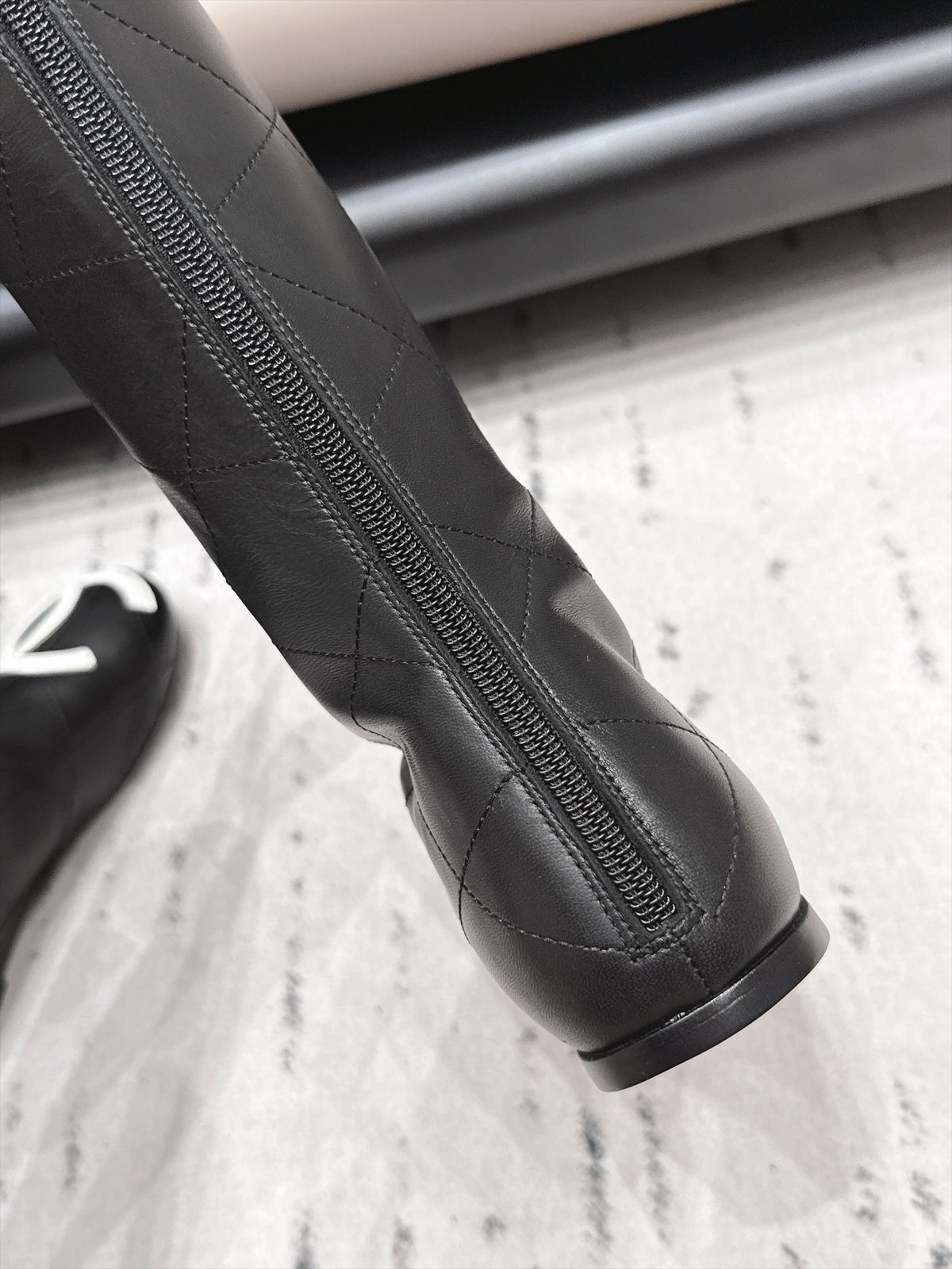 Chanel 26s Knee High Boots Black Quilted Calfskin Patent Cuff