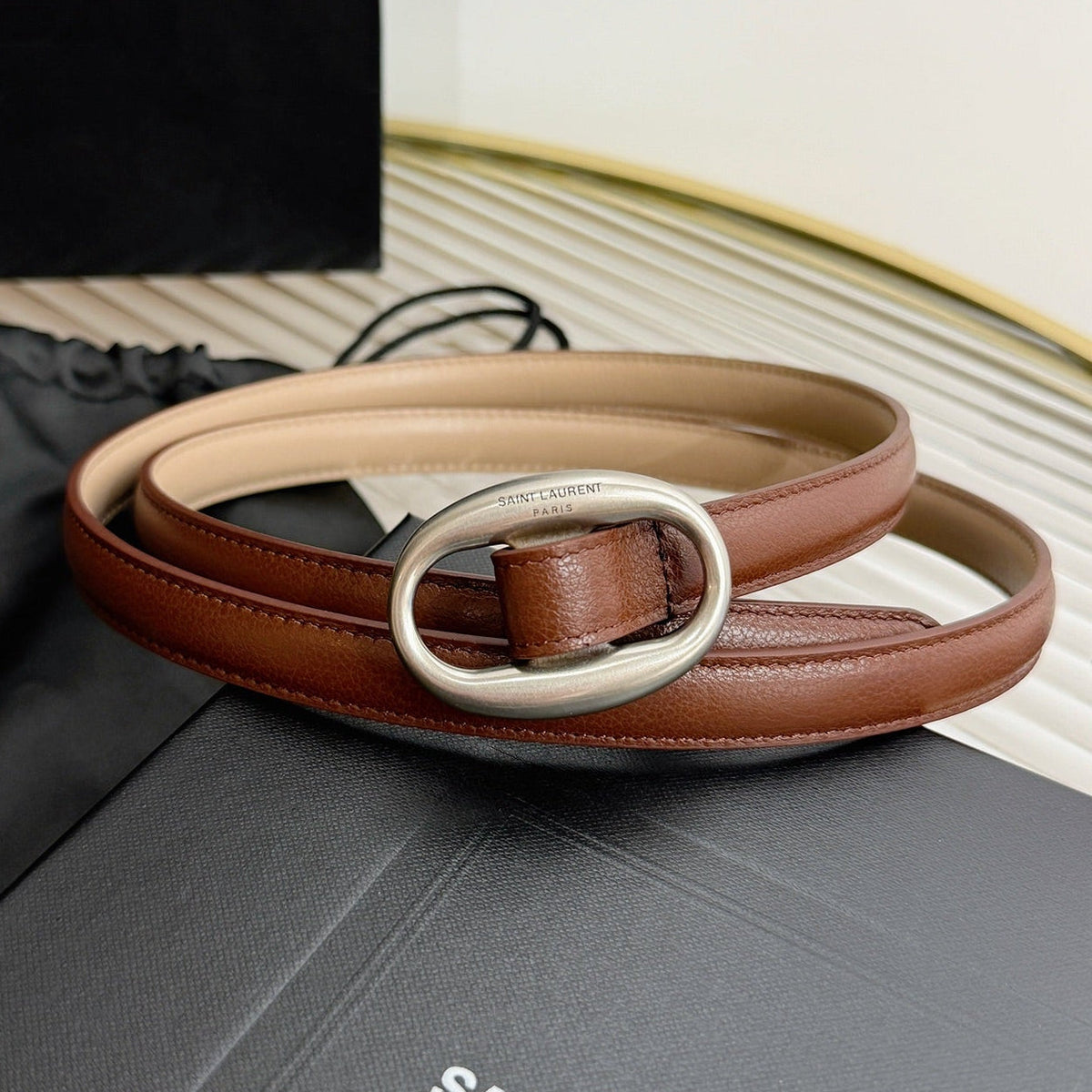 Saint Laurent 2026 Oval Belt 15mm Brown Leather 219066