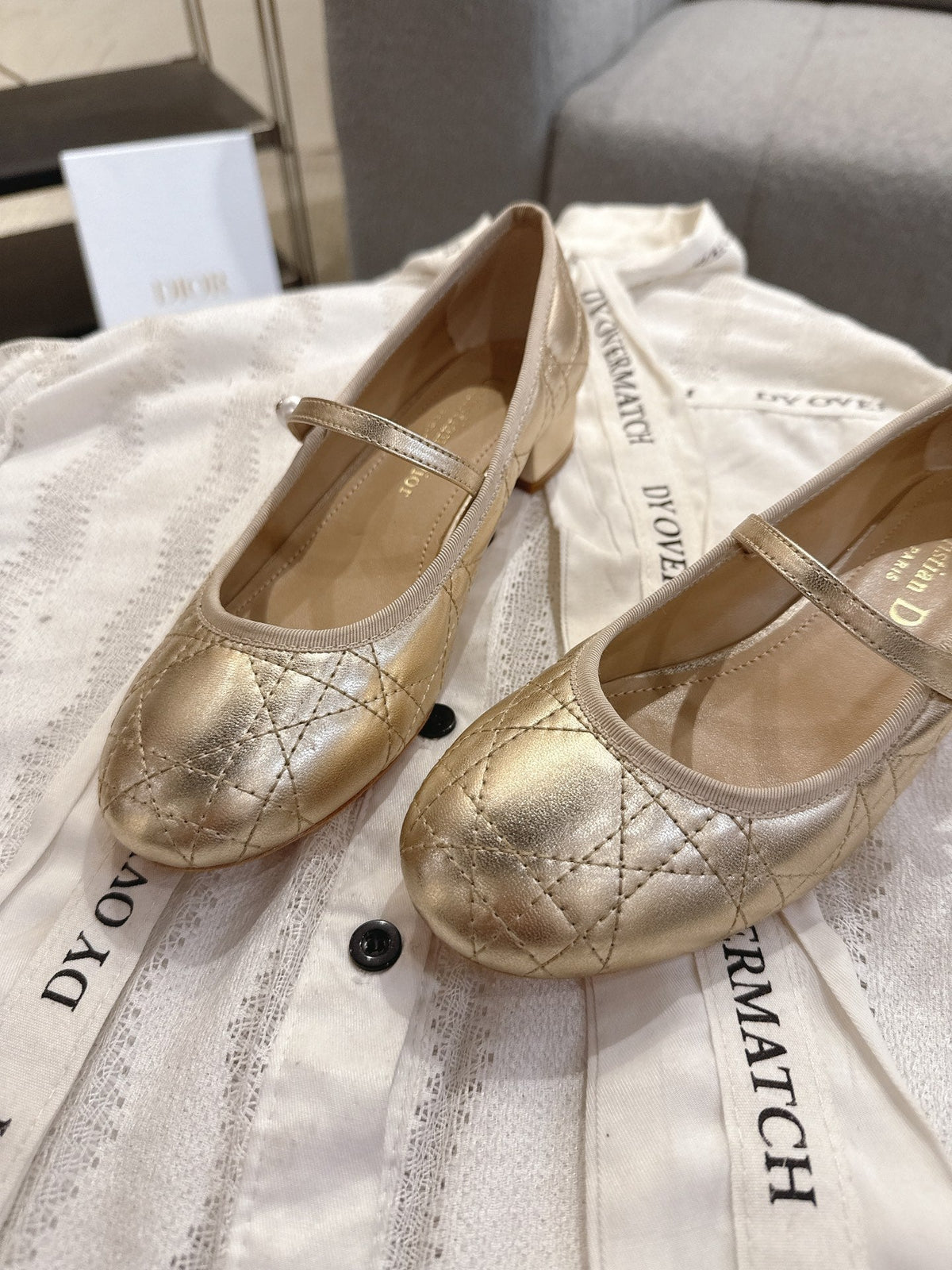 Dior 26s Mary Jane Pumps Gold Lambskin Pearl-Adorned Strap