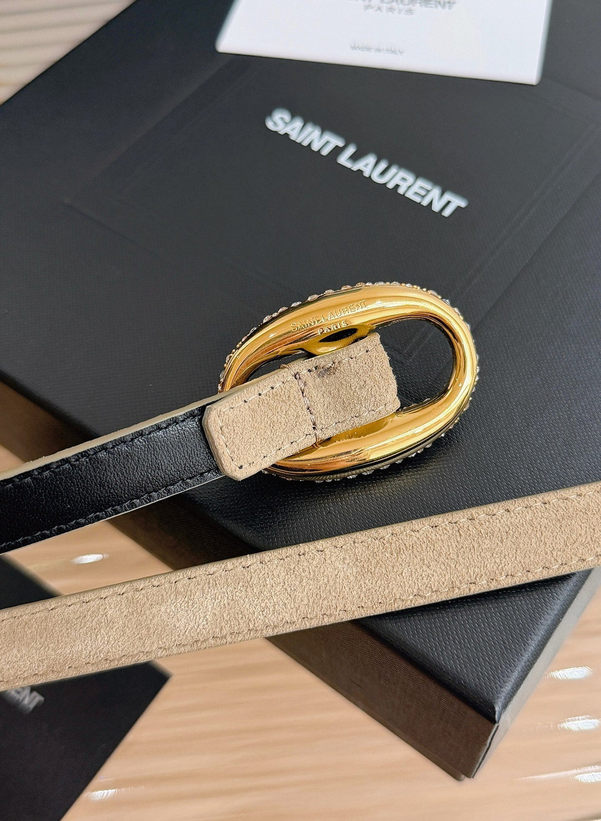 Saint Laurent 2026 Oval Belt 15mm Beige Suede 219123