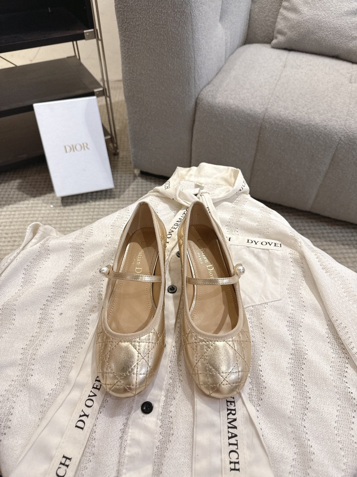 Dior 26s Mary Jane Pumps Gold Lambskin Pearl-Adorned Strap