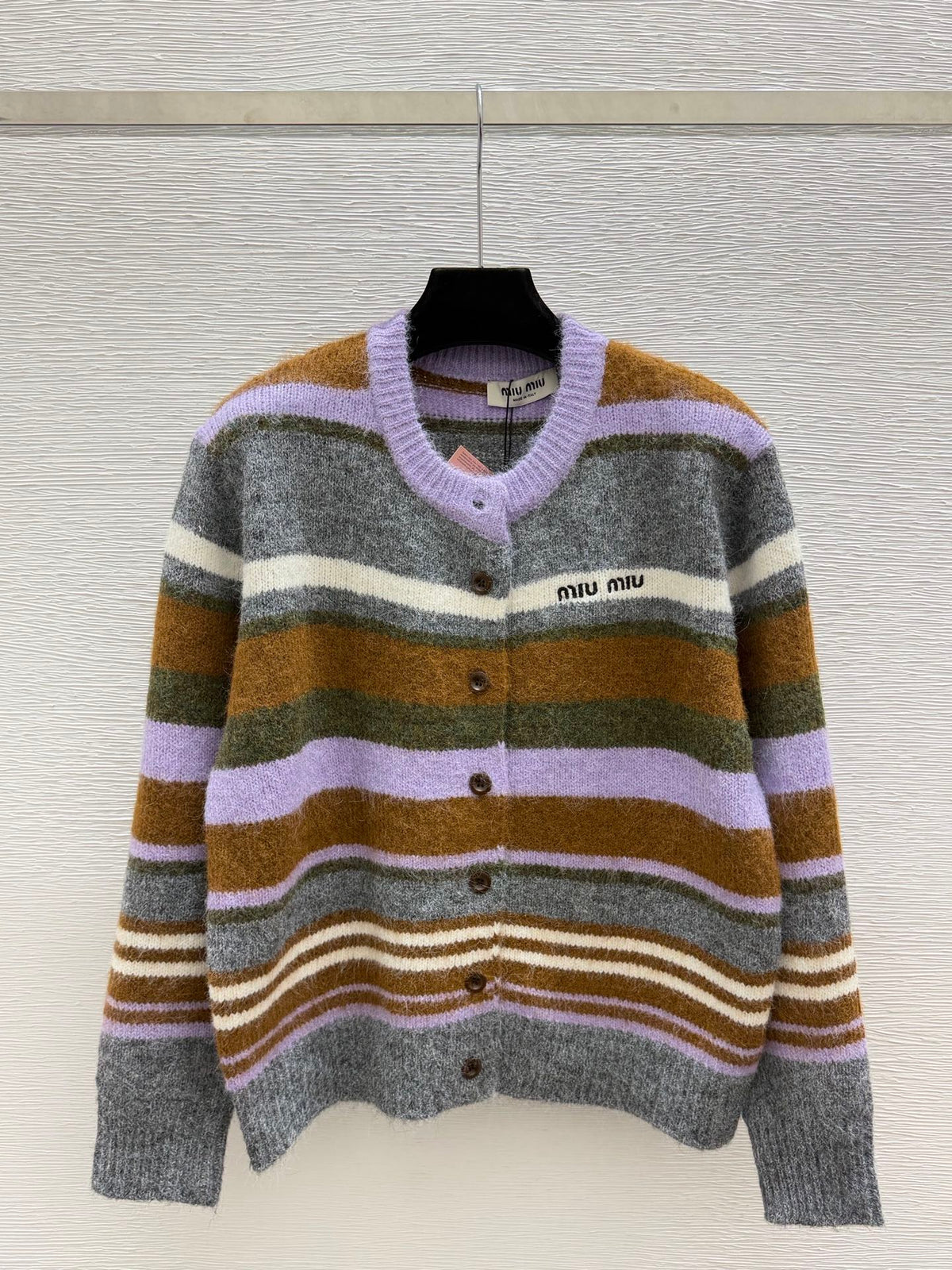 Miu 26FW Striped Knit Cardigan Round Neck Button-Front Multi-Color Wool 313340