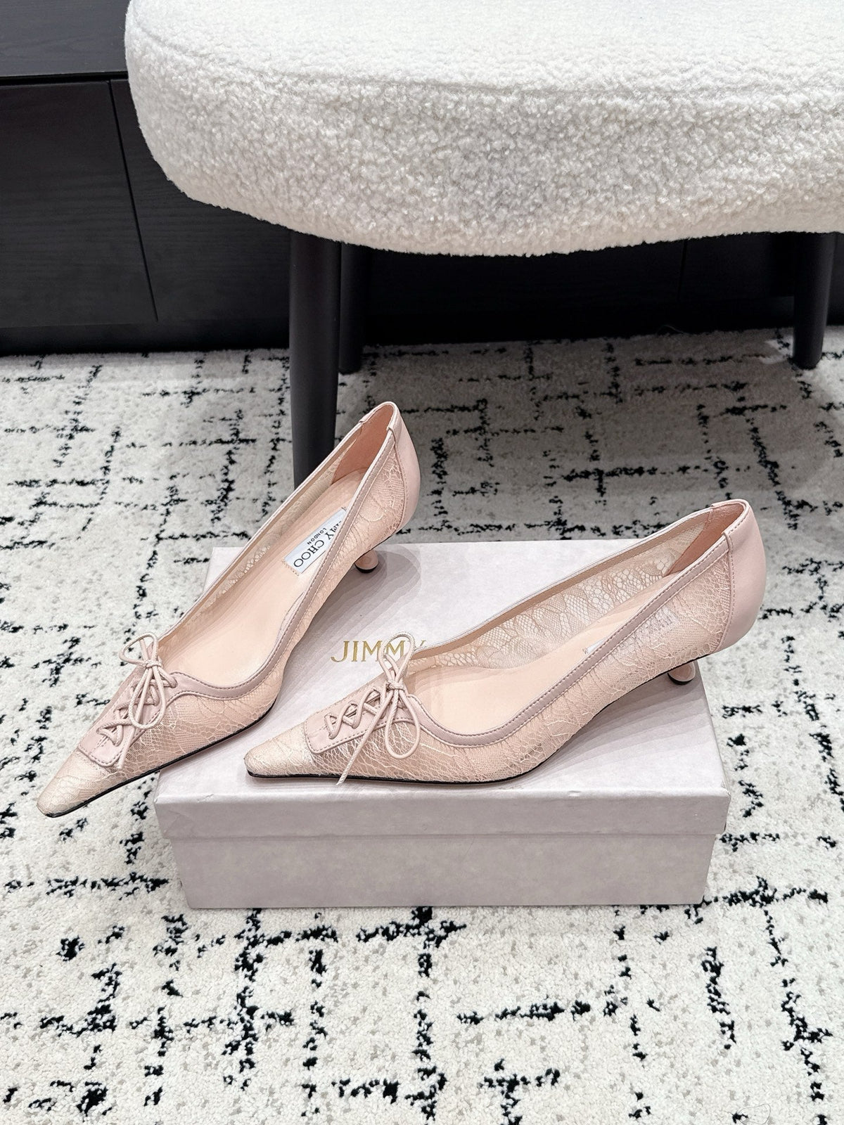 Jimmy Choo 26S Lace-Up High Heels 4.5cm Nude Pink Lace Fabric 719245