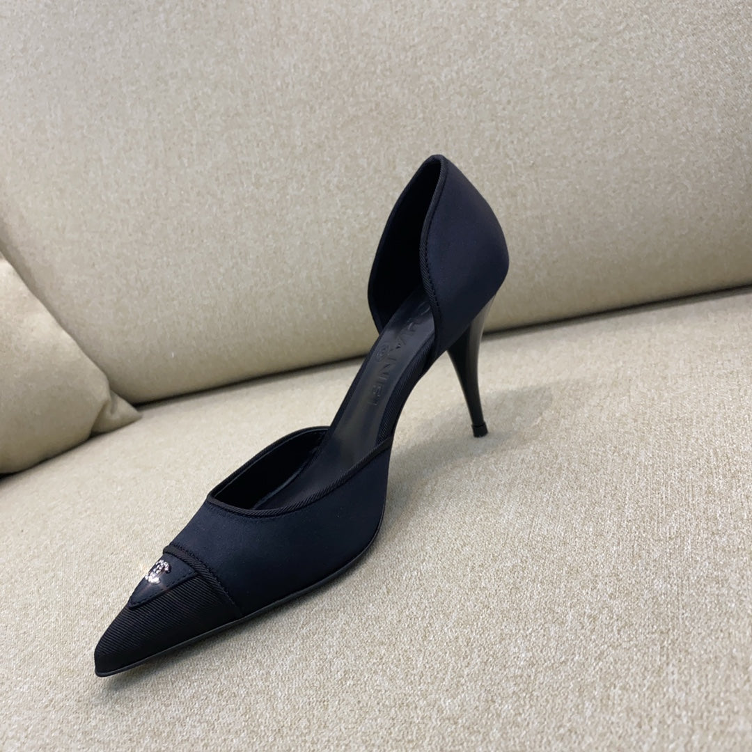 CC 26S Vintage Slingback Pointed-Toe Double CC Crystal Navy Black Silk Satin 156358