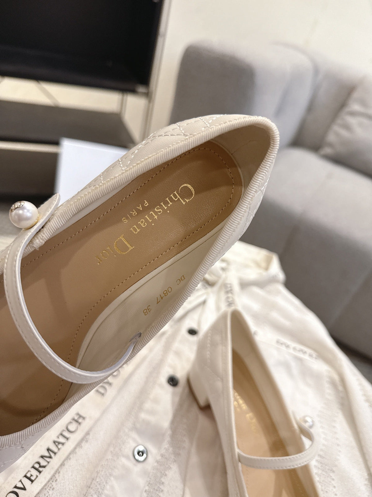 Dior 26s Mary Jane Pumps Cream White Lambskin Pearl-Adorned Strap