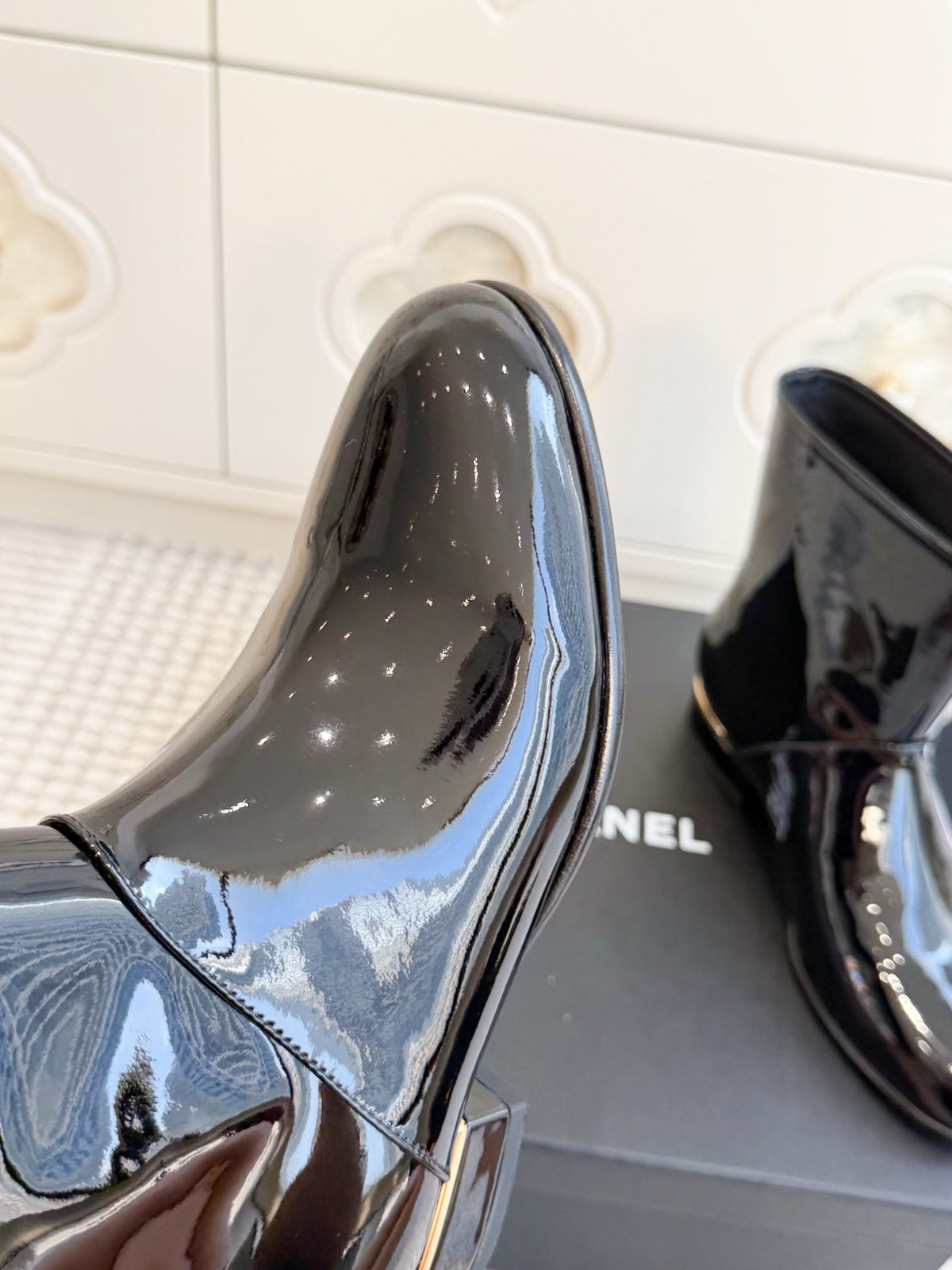 Chanel 26s Short Boots Black Patent Leather