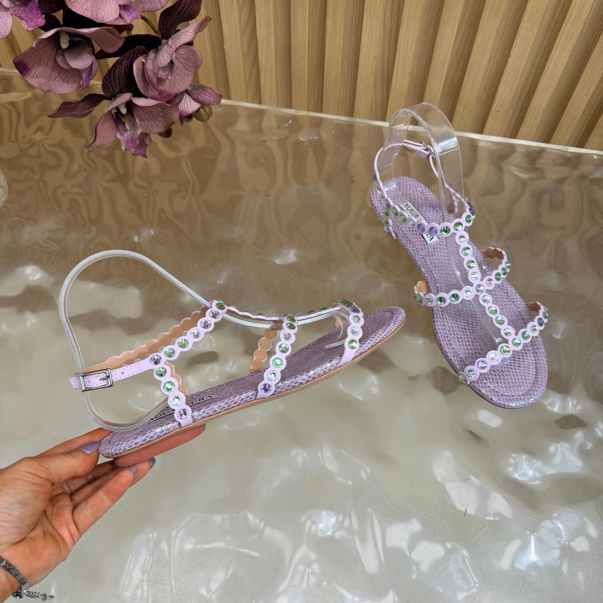 Aquazzura 26s Flat Sandals Light Purple Snakeskin Crystal Embellished 384719