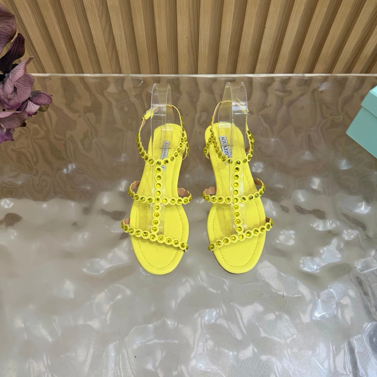 Aquazzura 26s Flat Sandals Yellow Calfskin Crystal Embellished 739158