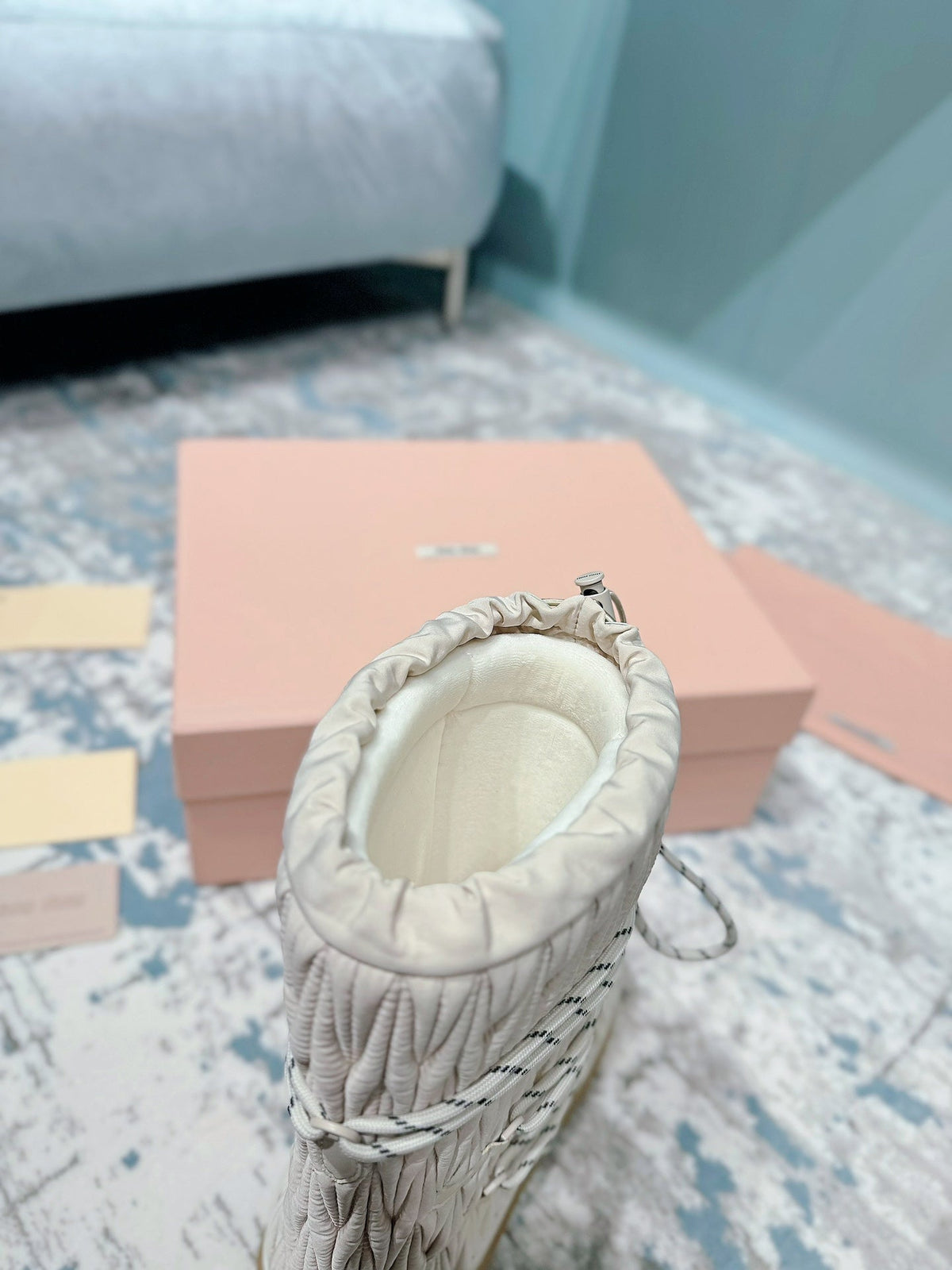 Miumiu 26s Ankle Snow Boots Beige Fabric Style 14