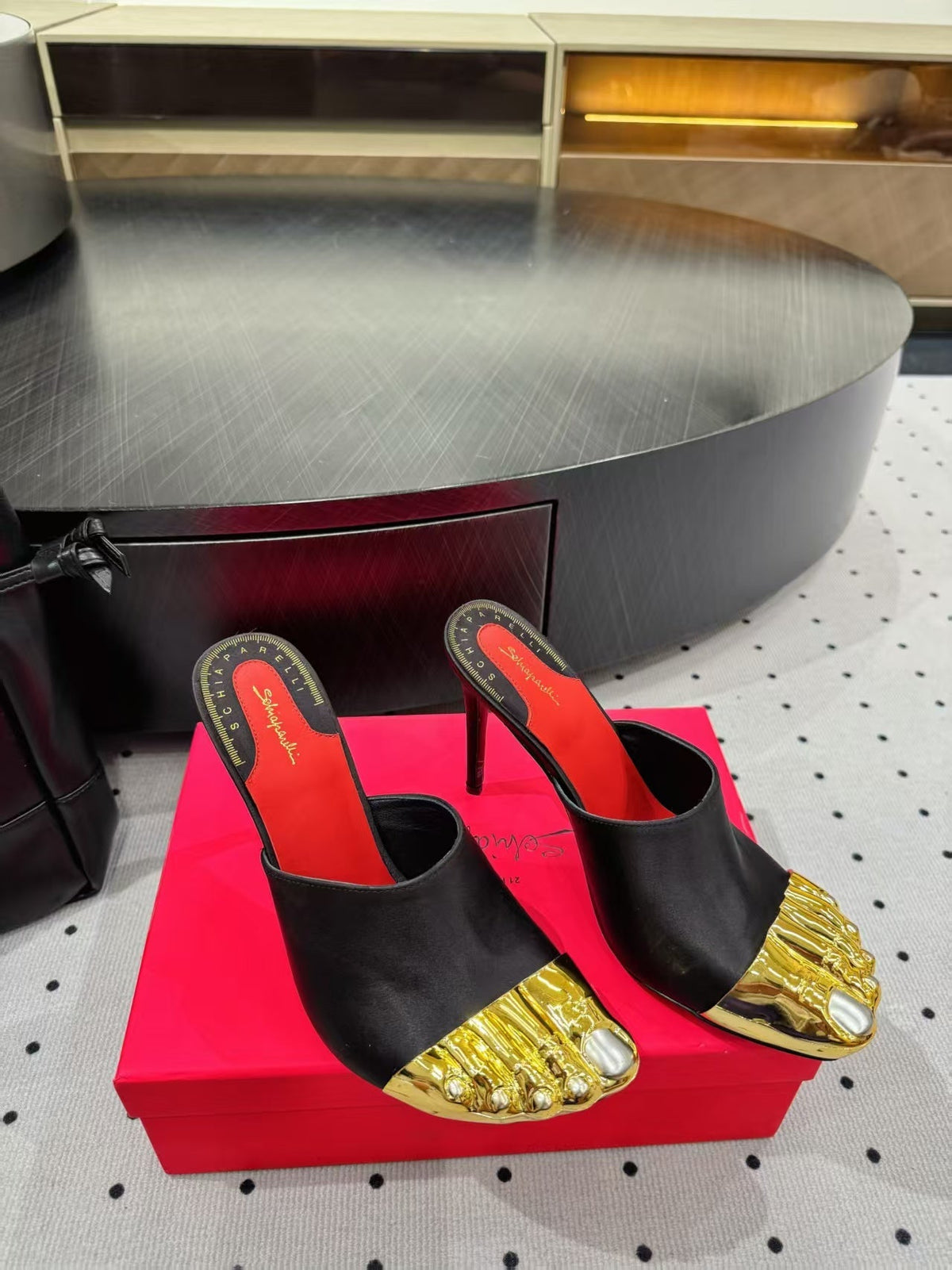 MS Trompe L'oeil Toe Mules 10.5cm  Black Gold Leather Blend With Silk