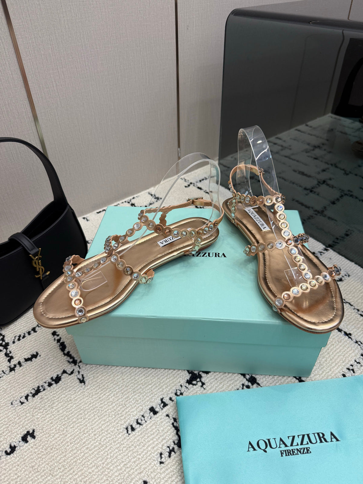 Aquazzura 26s Flat Sandals Rose Gold Lambskin Crystal-Embellished 719405